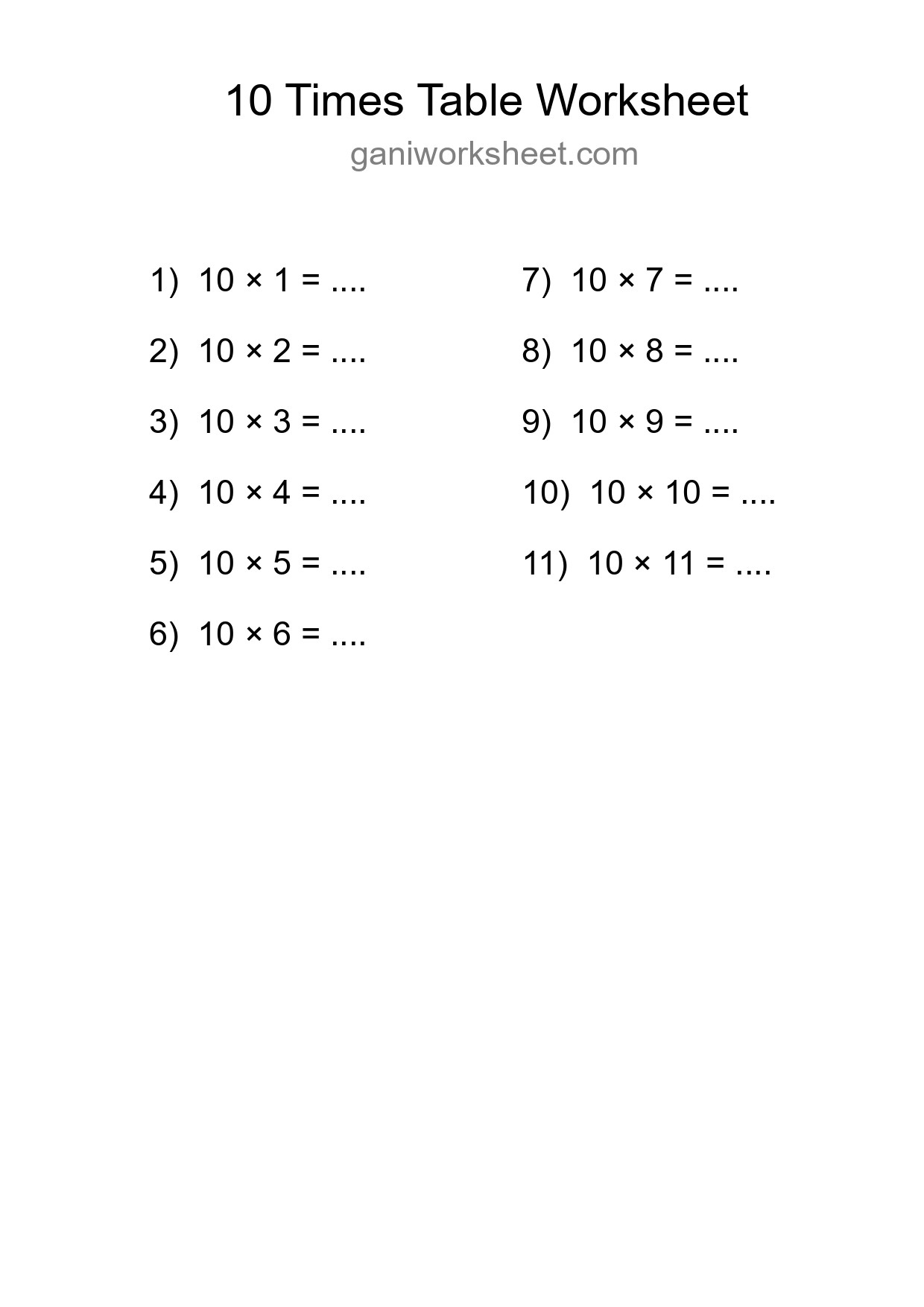 10 Times Table Worksheet For Grade 3 With Answers - Part 1519
