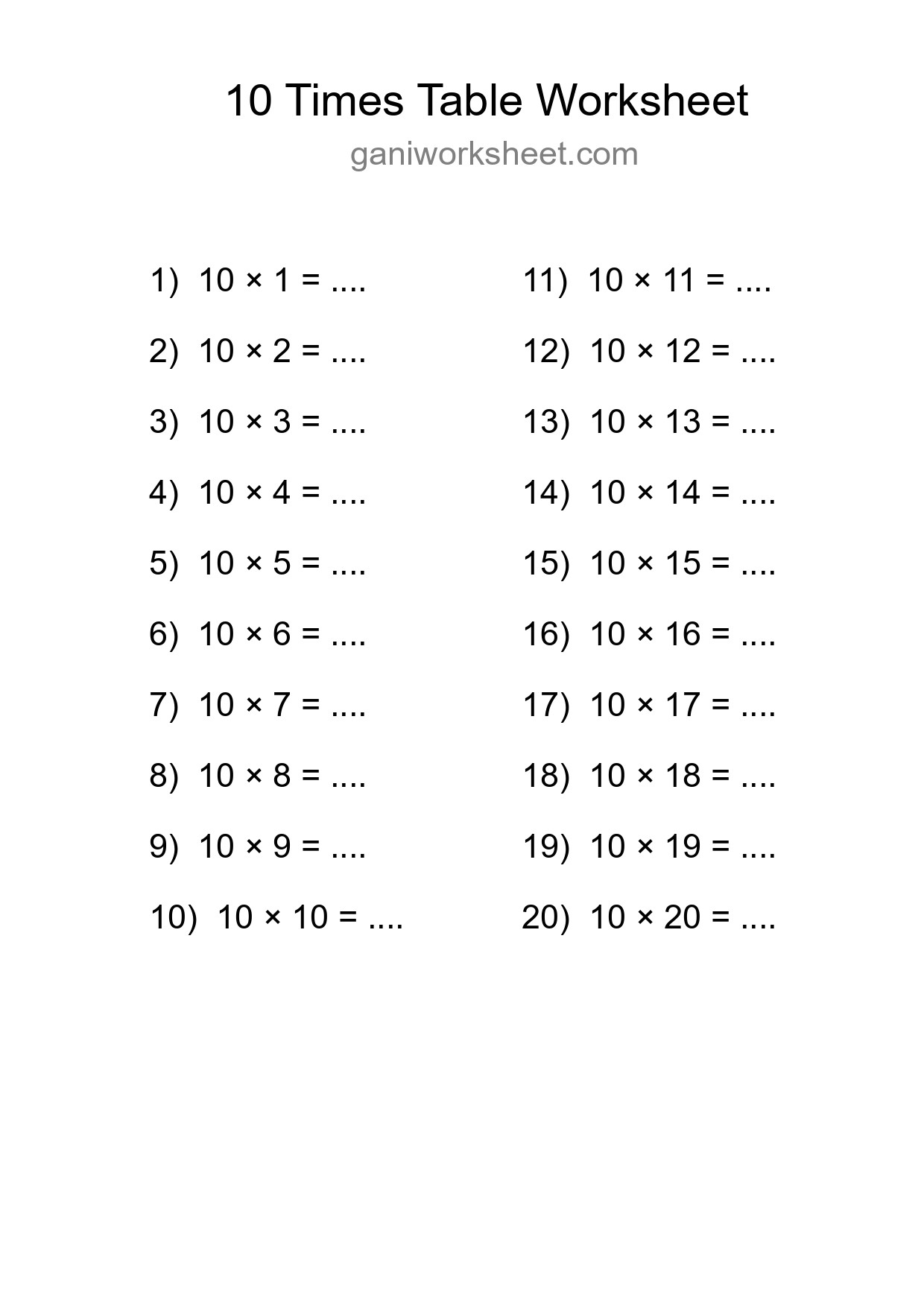 10 Times Table Worksheet For Grade 3 With Answers - Part 199