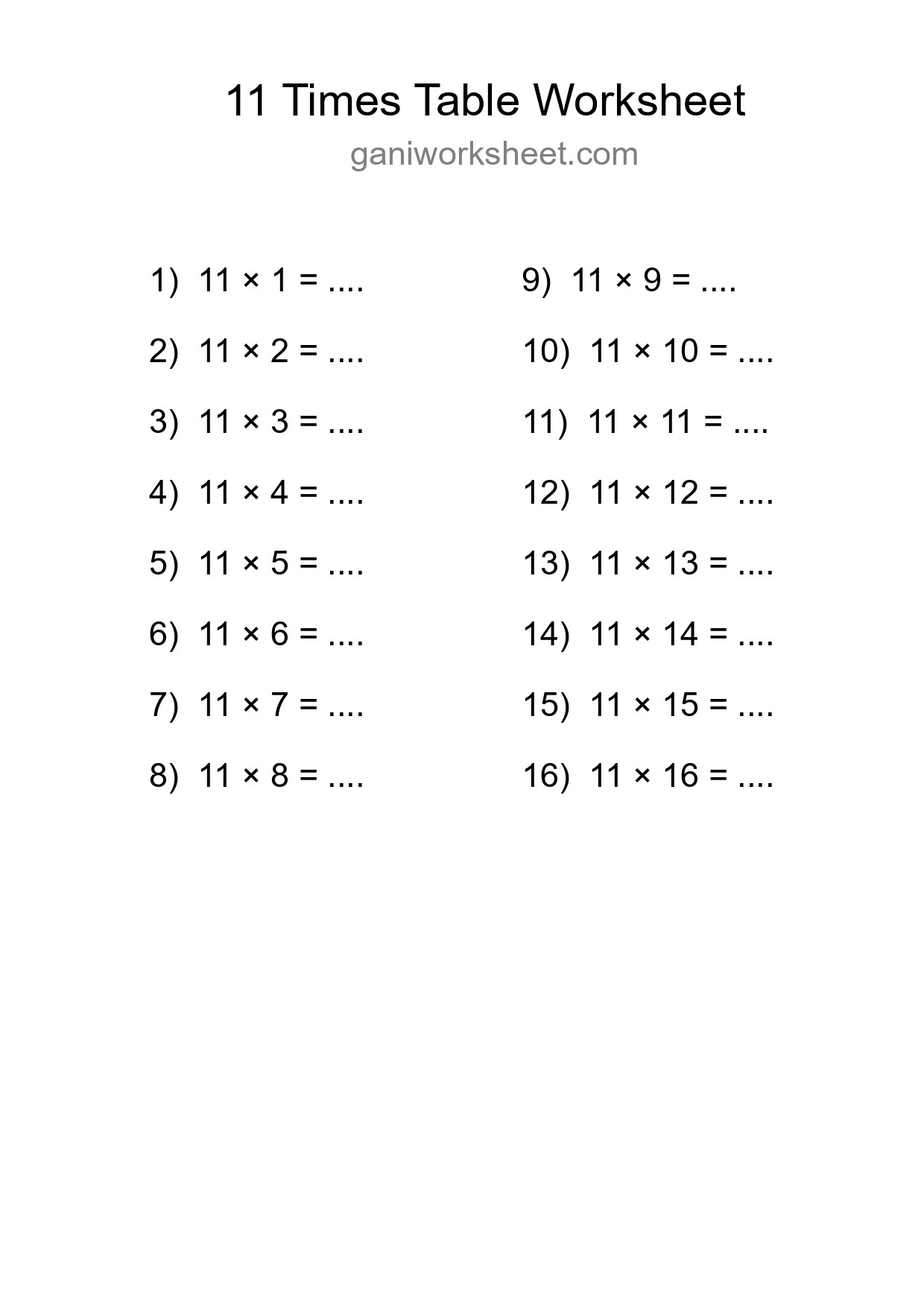 11 Times Table Worksheet For Grade 4 With Answers - Part 1129