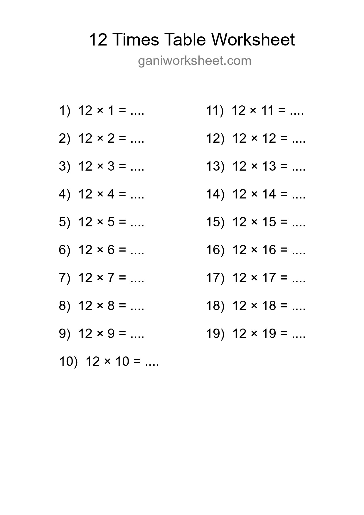 12 Times Table Worksheet For Grade 4 - Part 1589