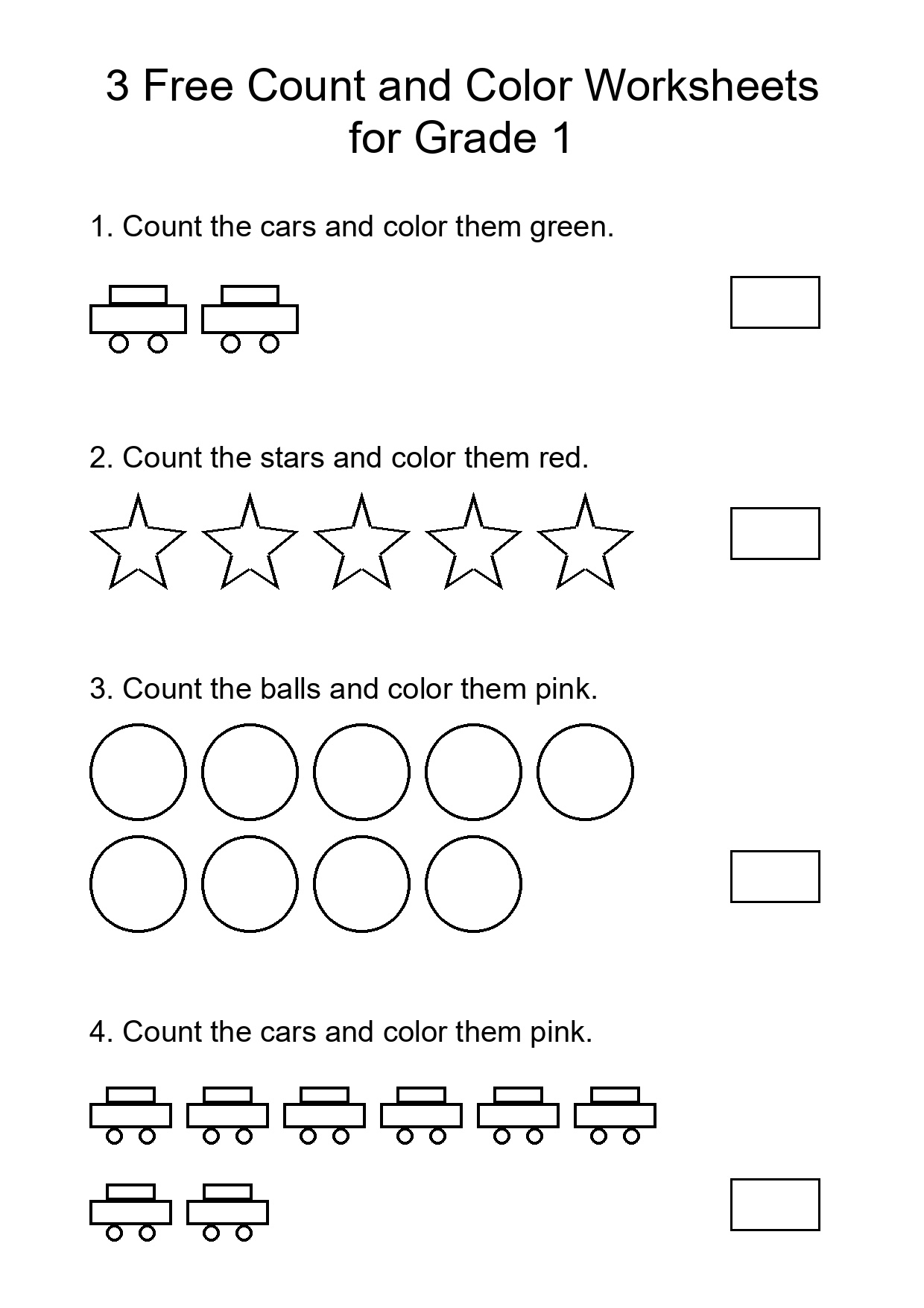3 Free Count and Color Worksheets for Grade 1
