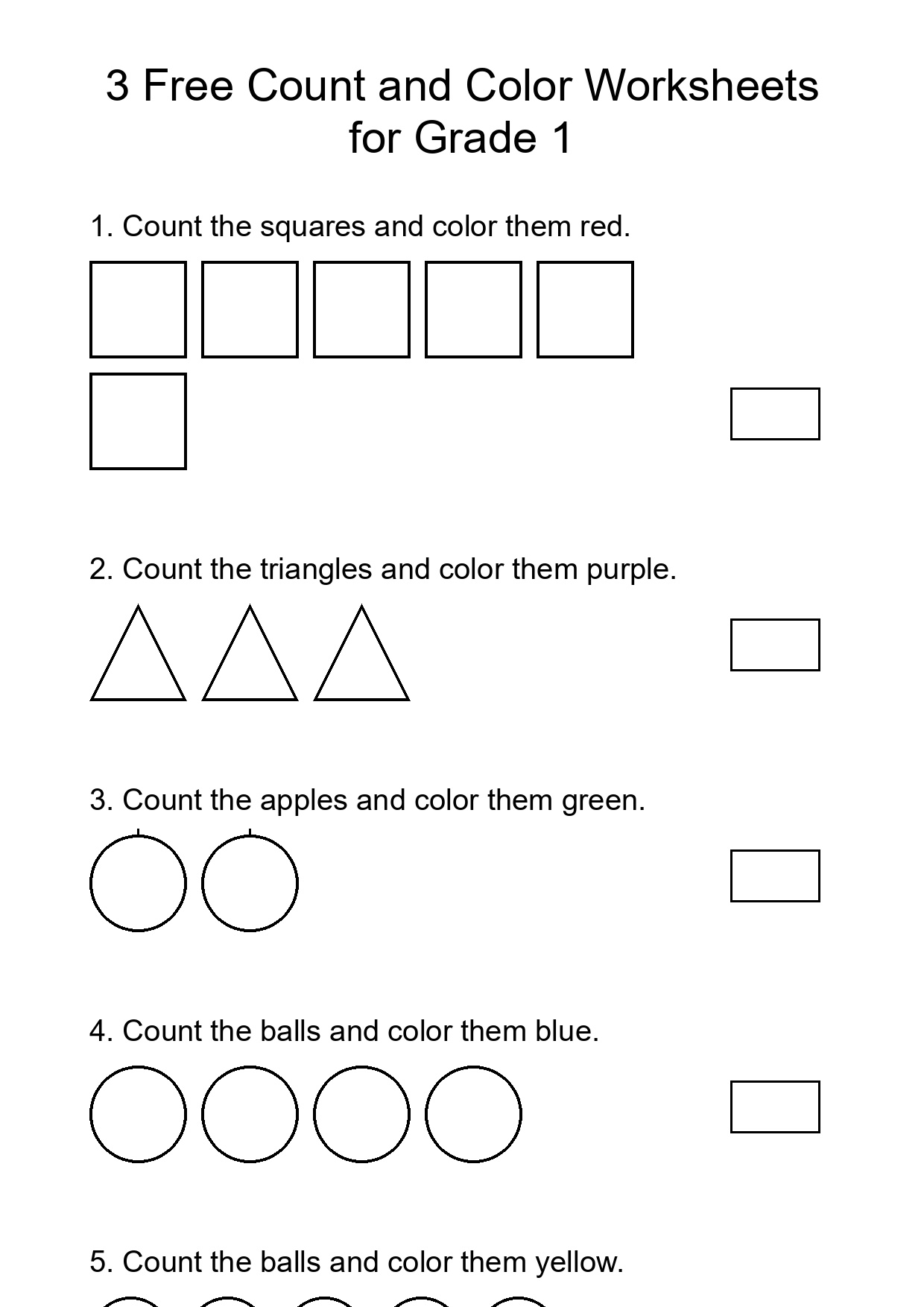 3 Free Count and Color Worksheets for Grade 1