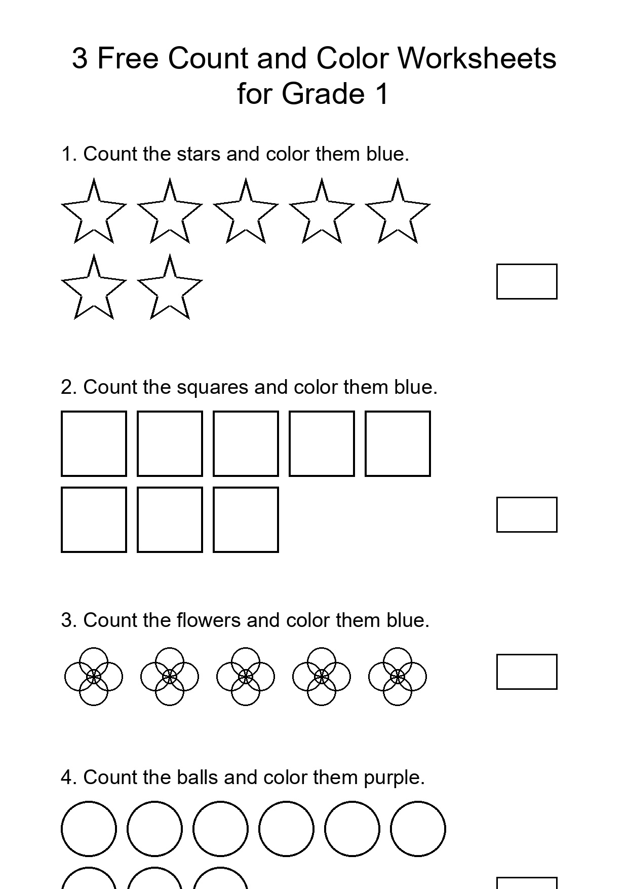 3 Free Count and Color Worksheets for Grade 1