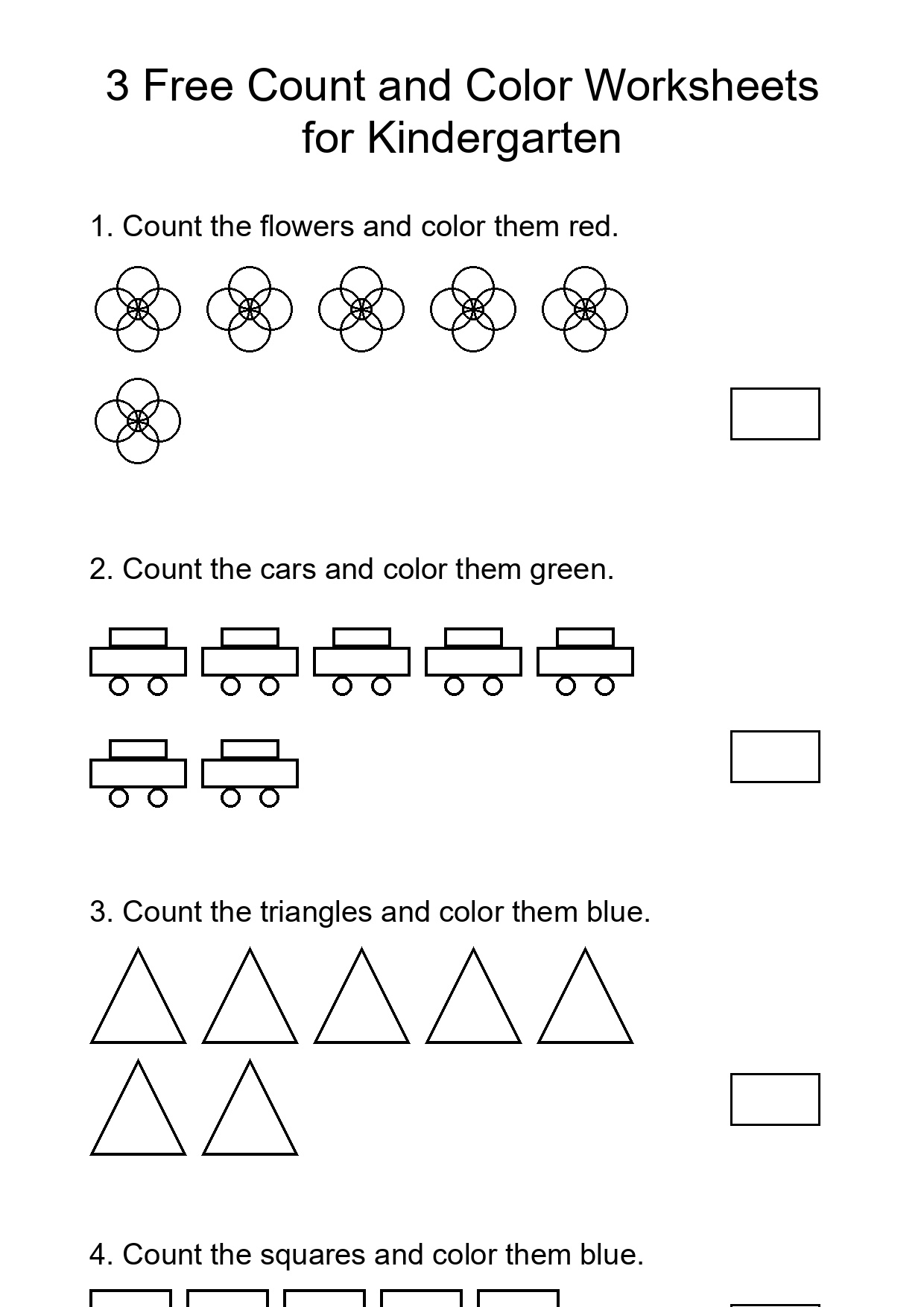 3 Free Count and Color Worksheets for Kindergarten