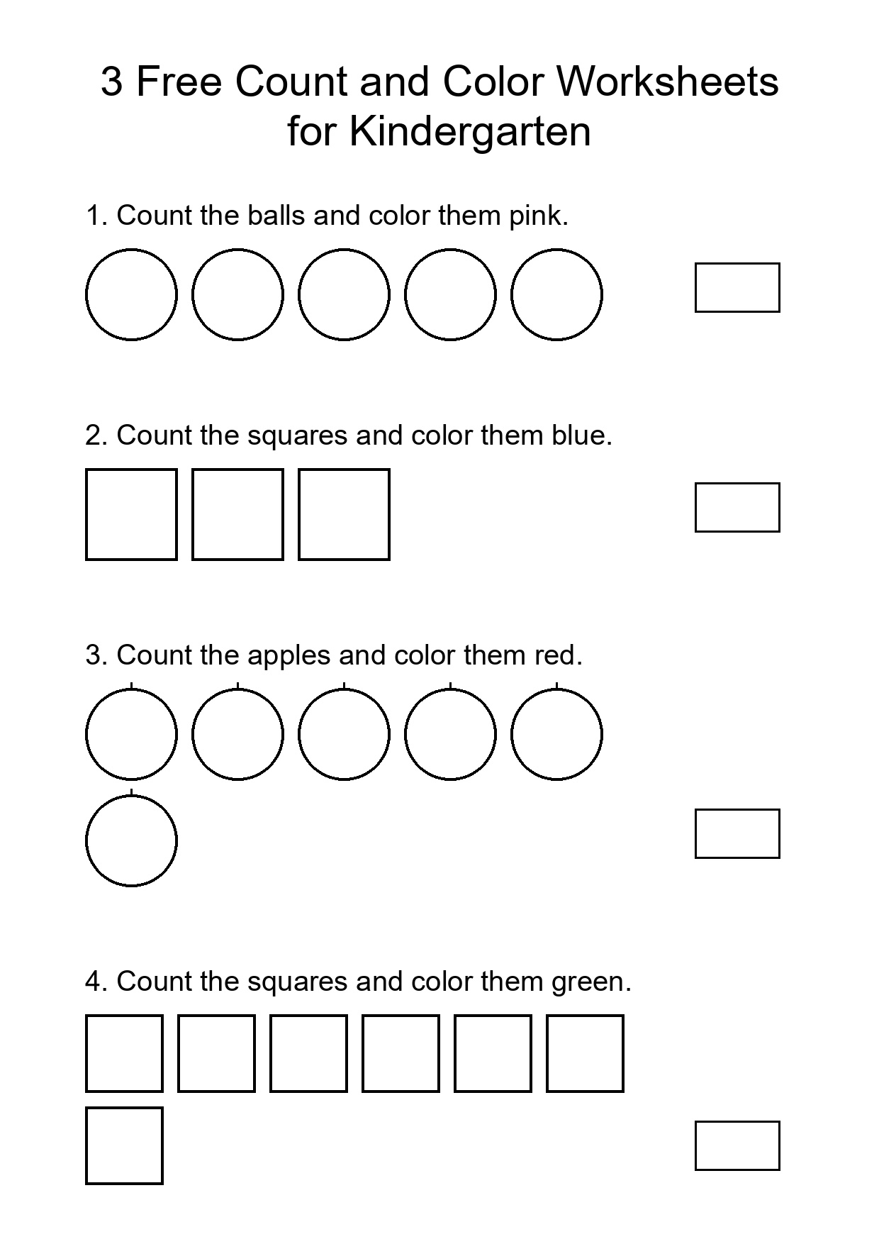3 Free Count and Color Worksheets for Kindergarten