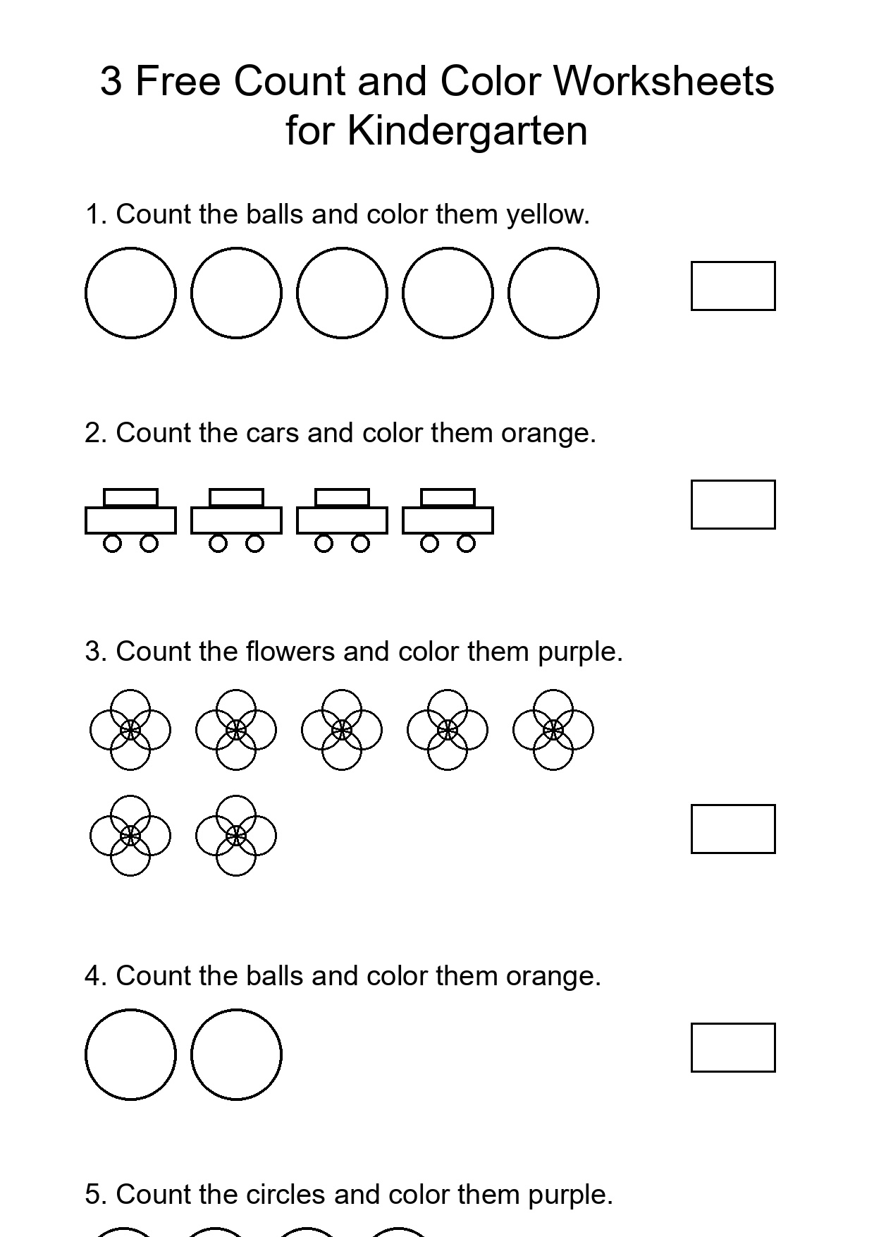 3 Free Count and Color Worksheets for Kindergarten