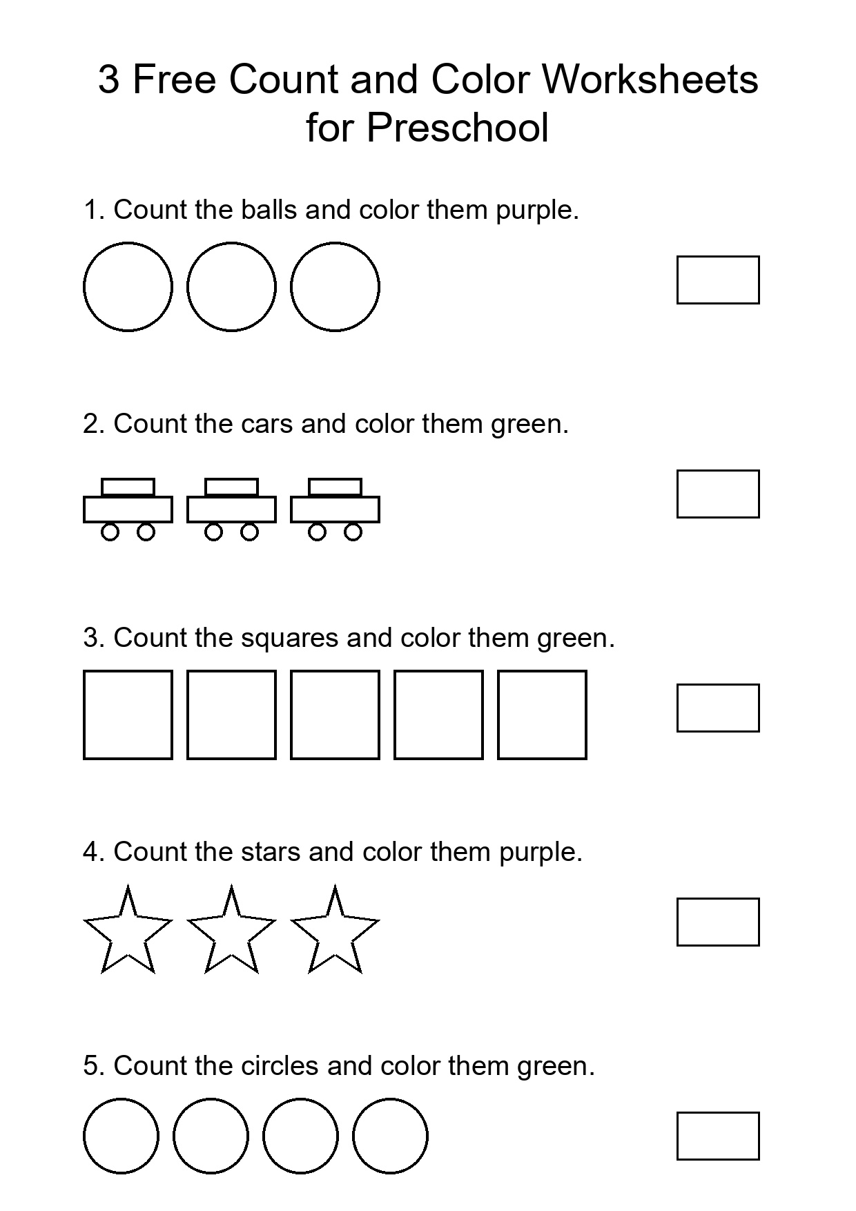 3 Free Count and Color Worksheets for Preschool