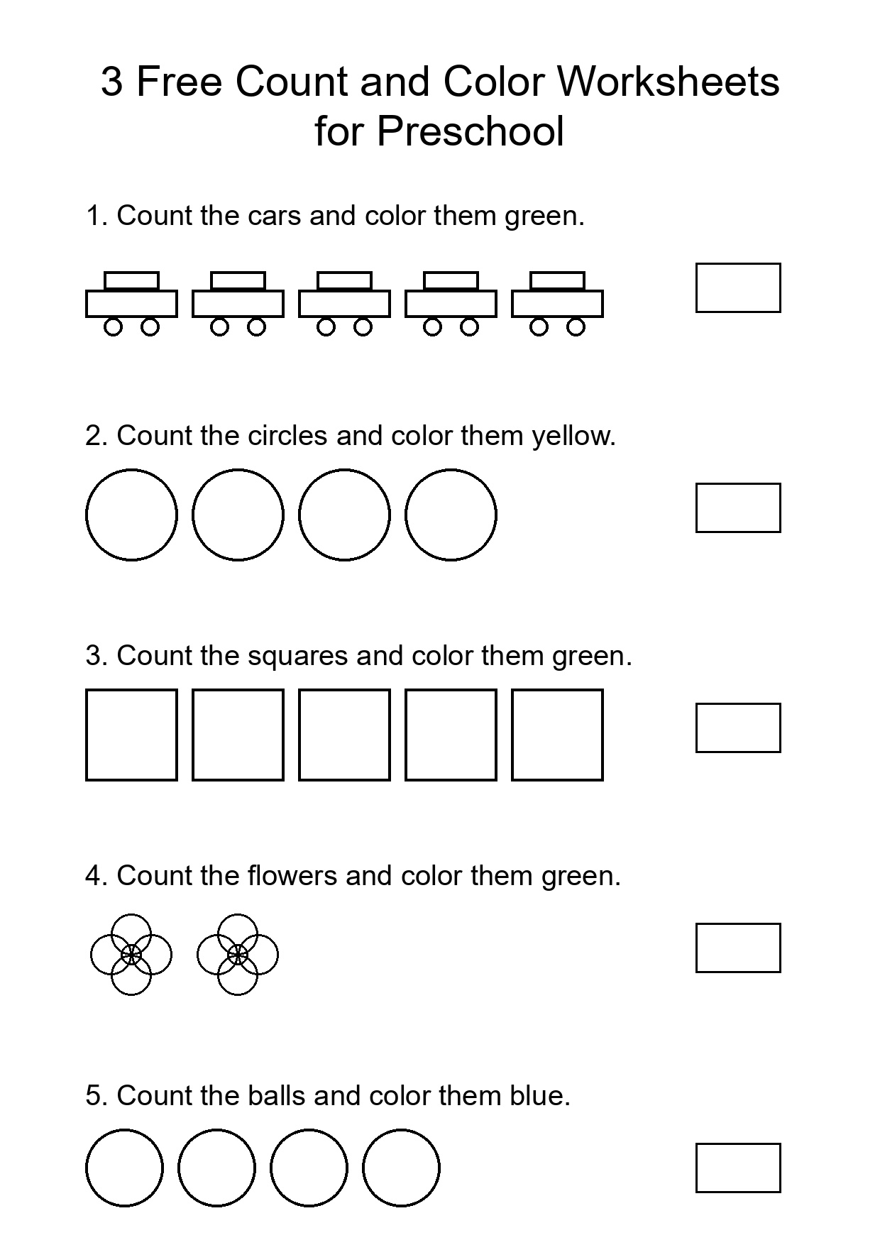 3 Free Count and Color Worksheets for Preschool