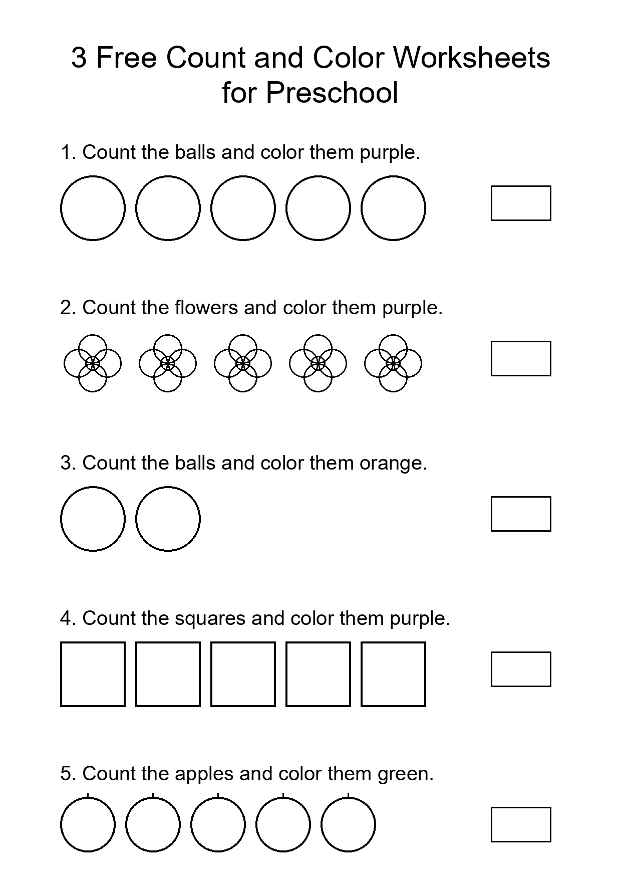 3 Free Count and Color Worksheets for Preschool