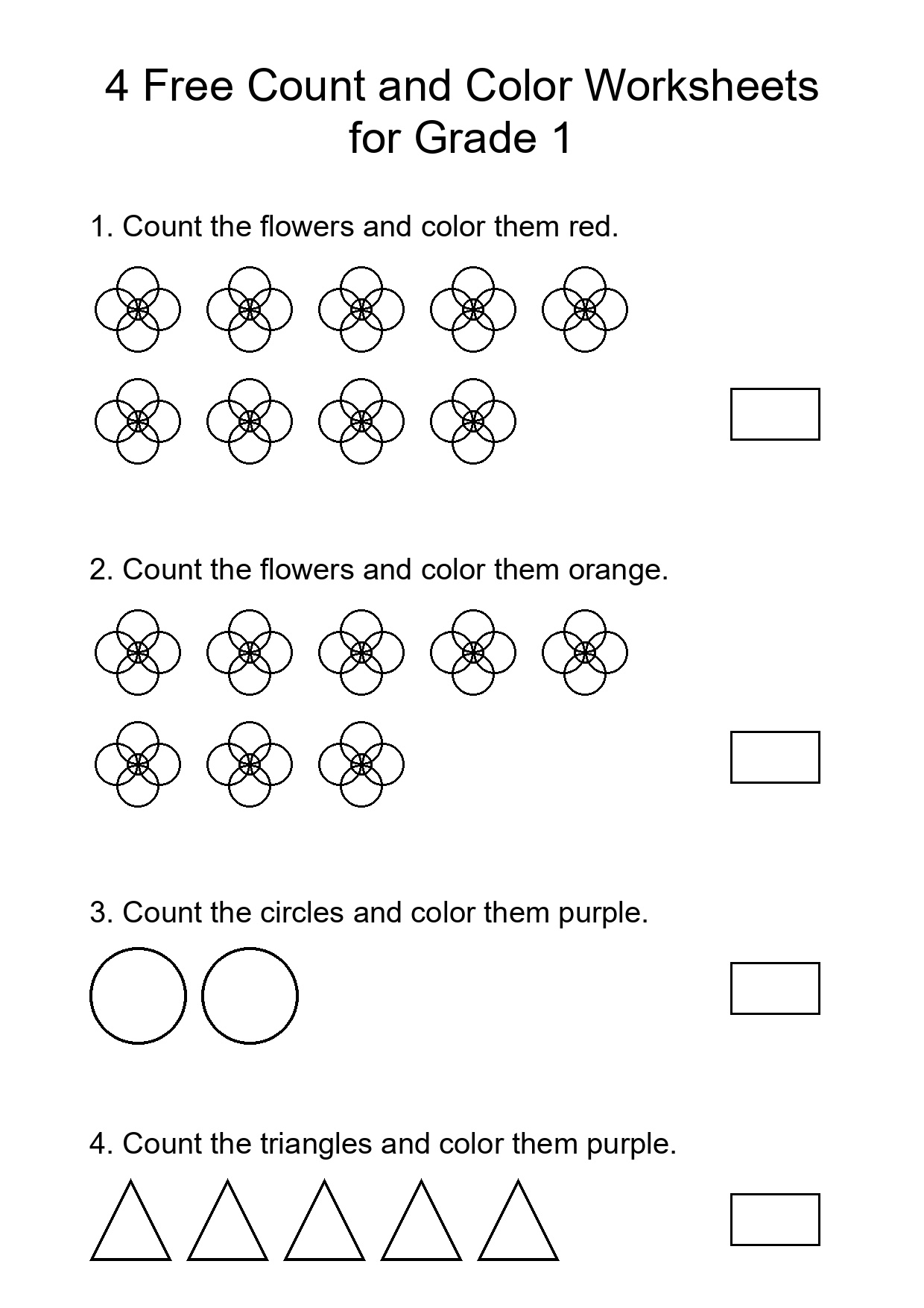 4 Free Count and Color Worksheets for Grade 1