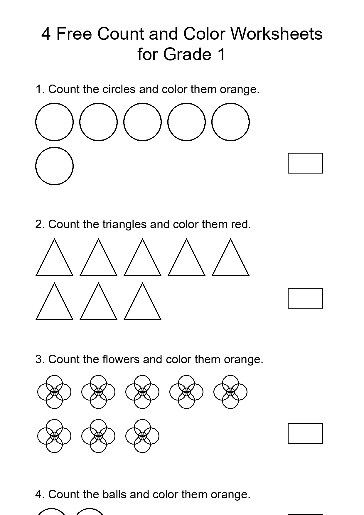 4 Free Count and Color Worksheets for Grade 1