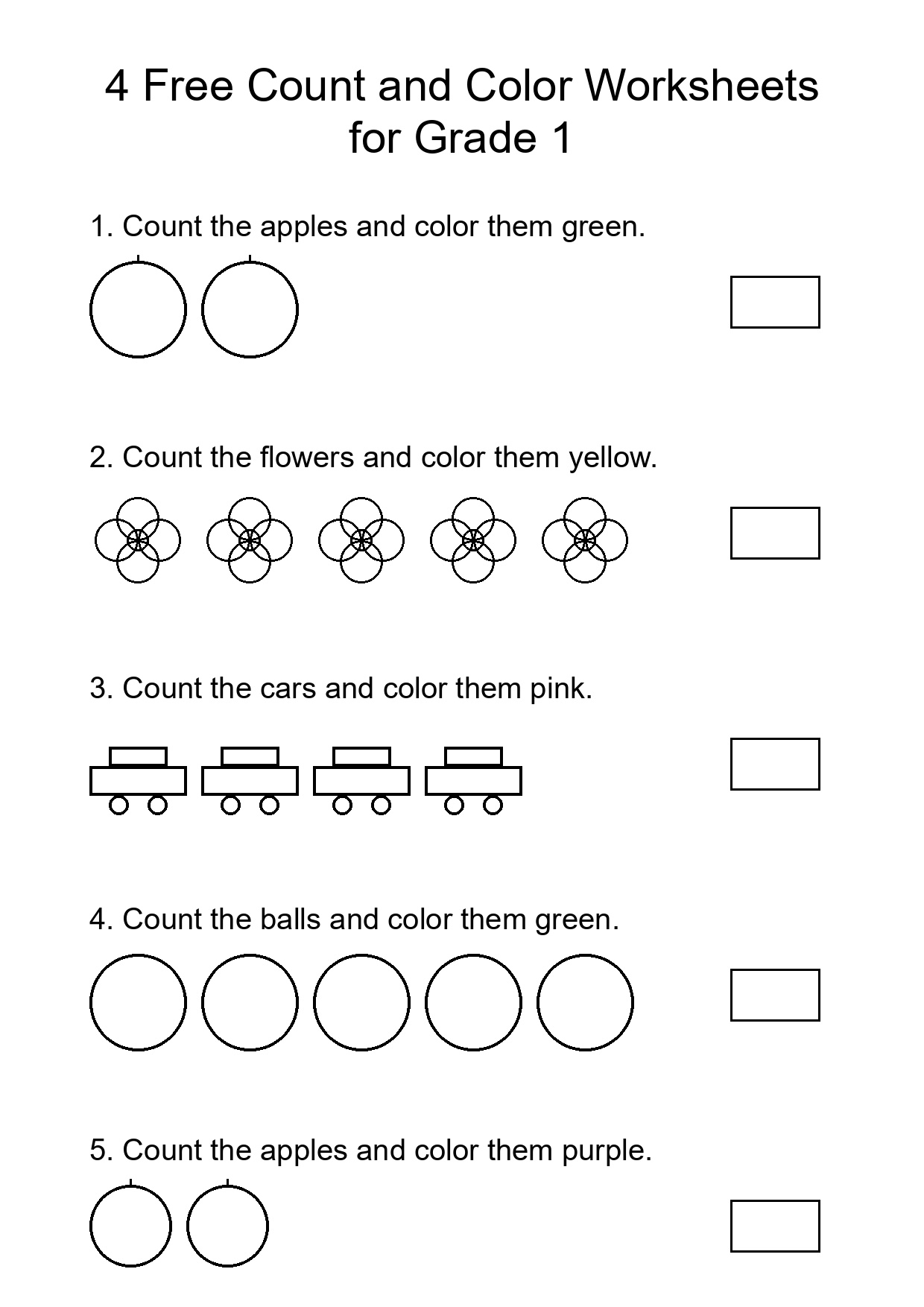 4 Free Count and Color Worksheets for Grade 1