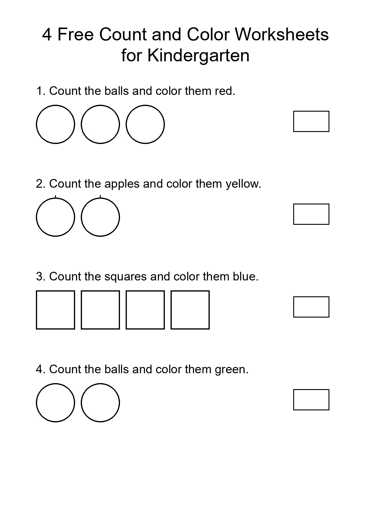 4 Free Count and Color Worksheets for Kindergarten
