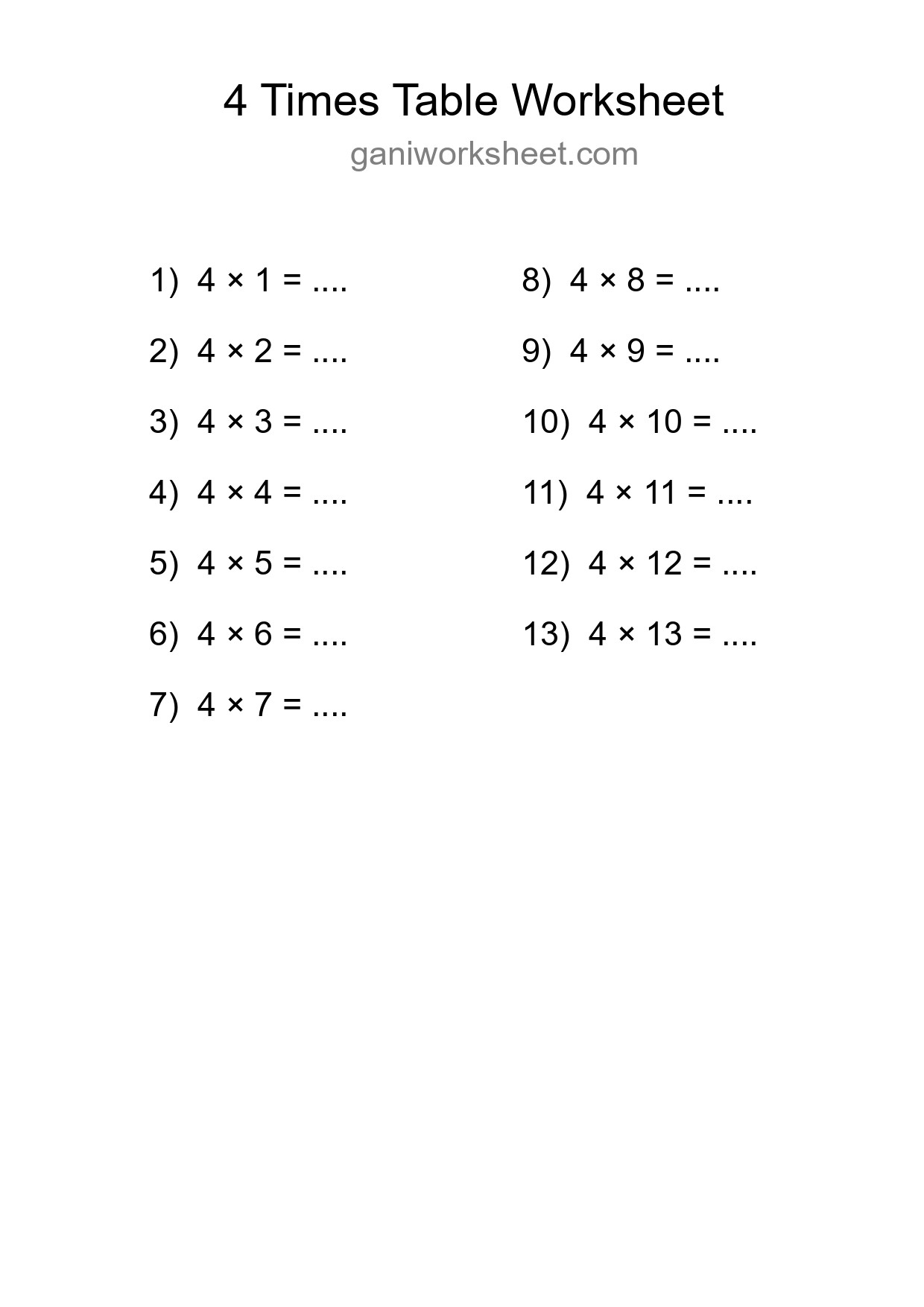 4 Times Table Worksheet For Grade 2 With Answers - Part 1069