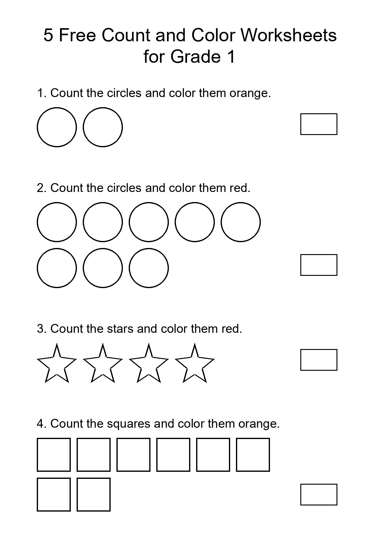 5 Free Count and Color Worksheets for Grade 1