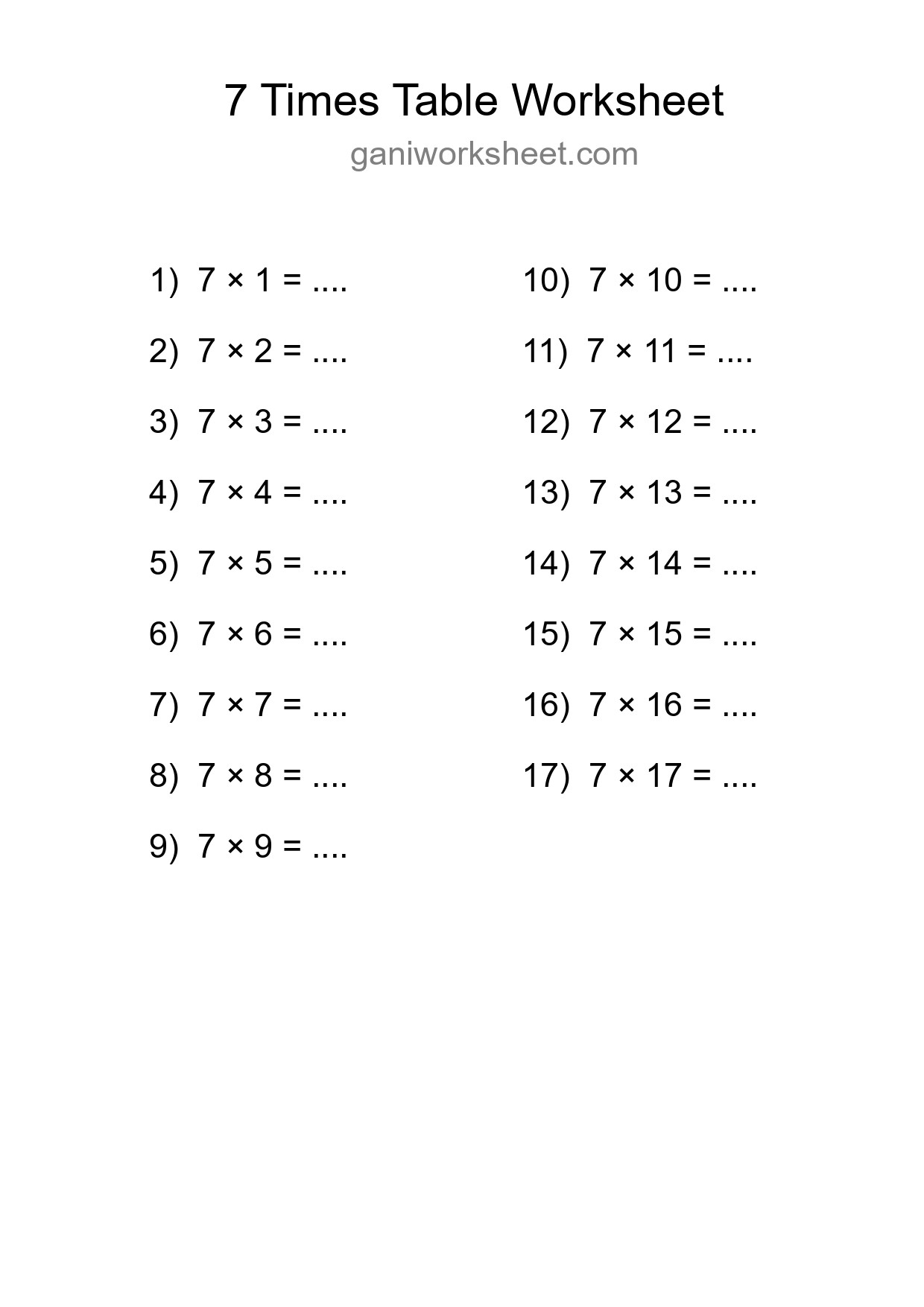 7 Times Table Worksheet For Grade 3 With Answers - Part 729