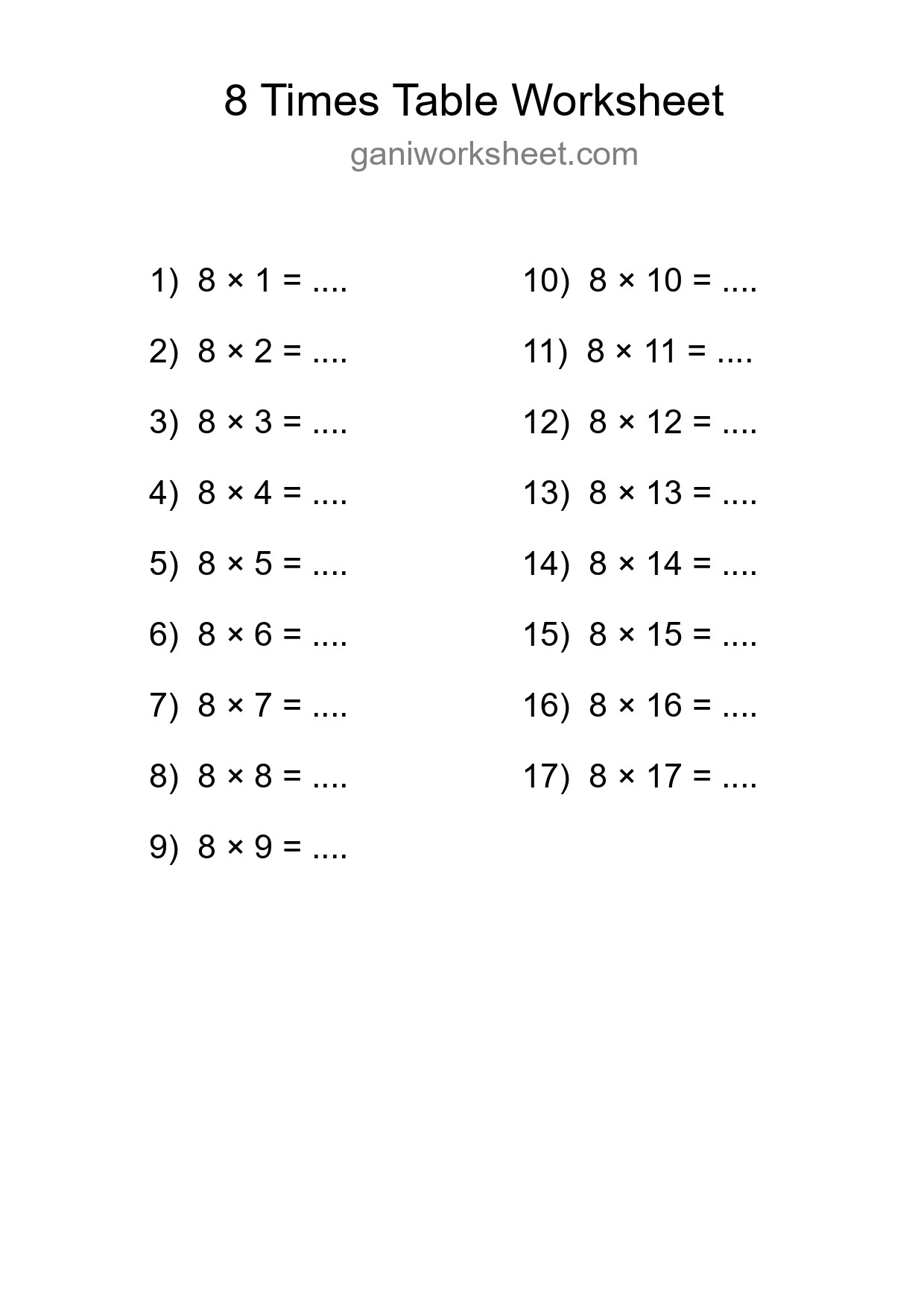 8 Times Table Worksheet For Grade 3 - Part 149