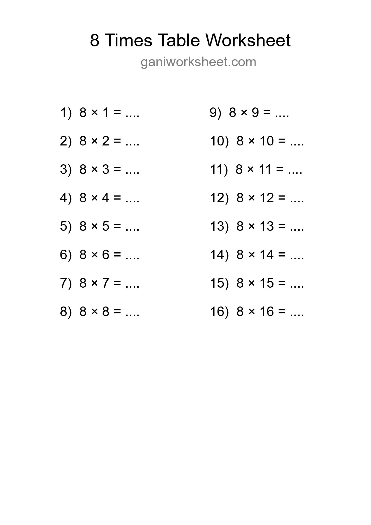 8 Times Table Worksheet For Grade 3 With Answers - Part 39