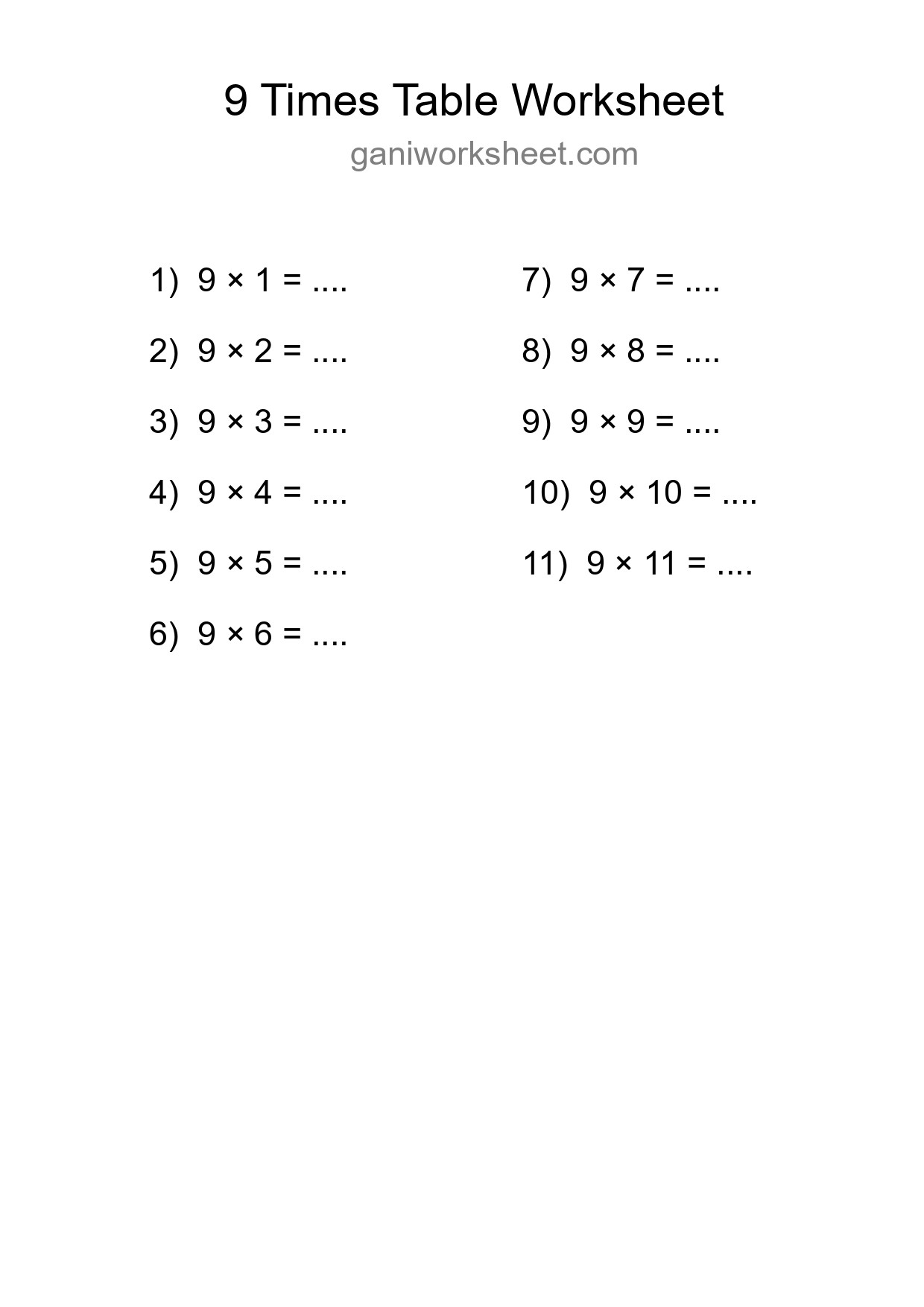 9 Times Table Worksheet For Grade 3 With Answers - Part 1799
