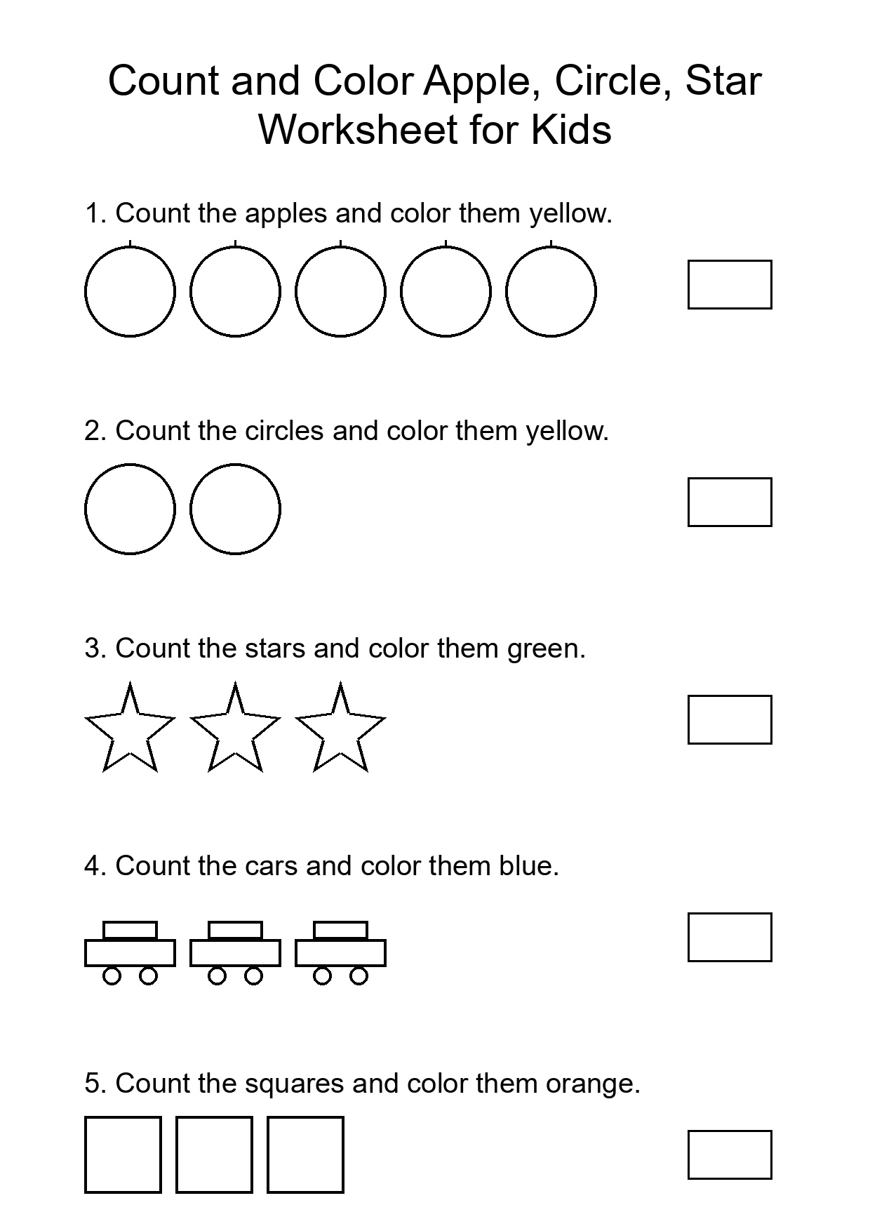 Count and Color Apple, Circle, Star Worksheet for Kids