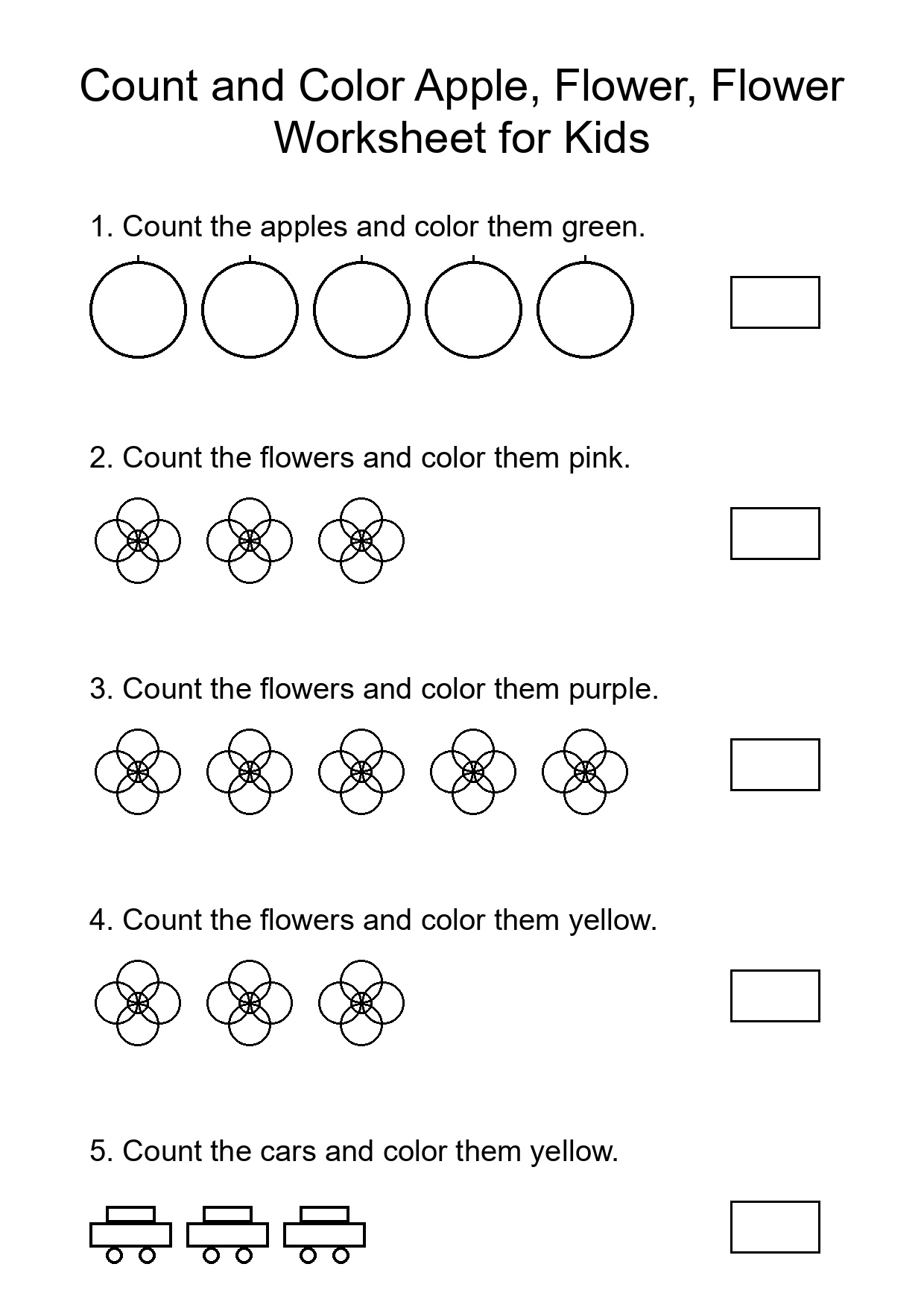 Count and Color Apple, Flower, Flower Worksheet for Kids