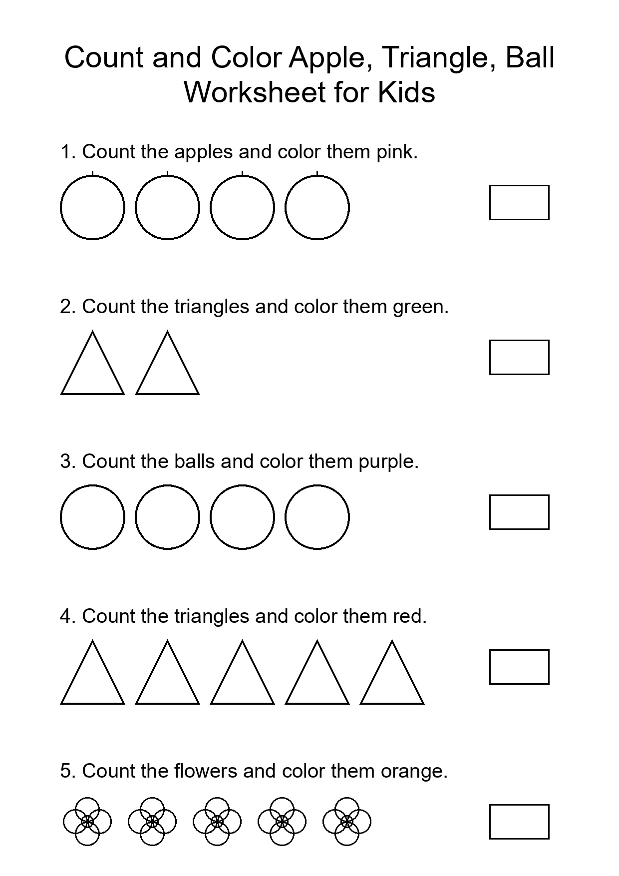 Count and Color Apple, Triangle, Ball Worksheet for Kids