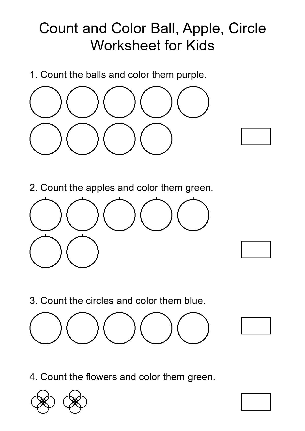 Count and Color Ball, Apple, Circle Worksheet for Kids