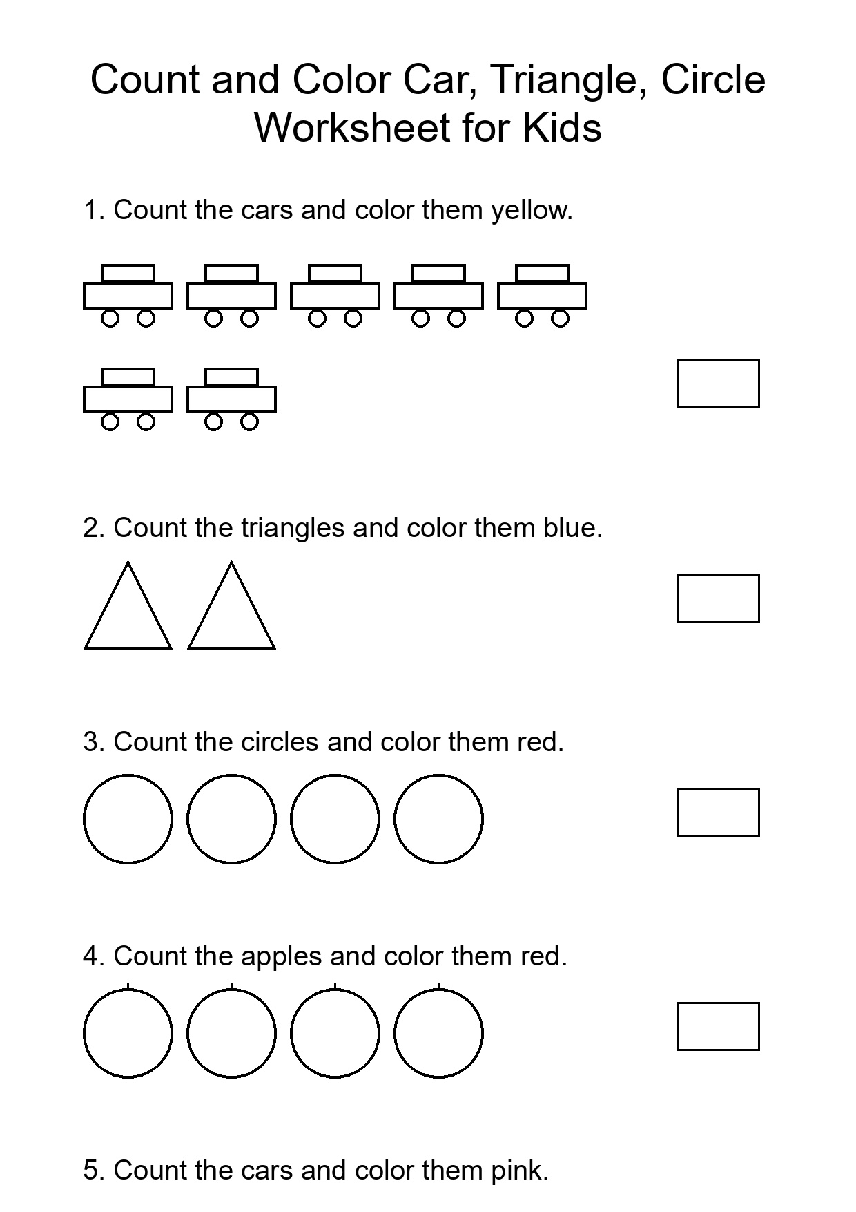 Count and Color Car, Triangle, Circle Worksheet for Kids