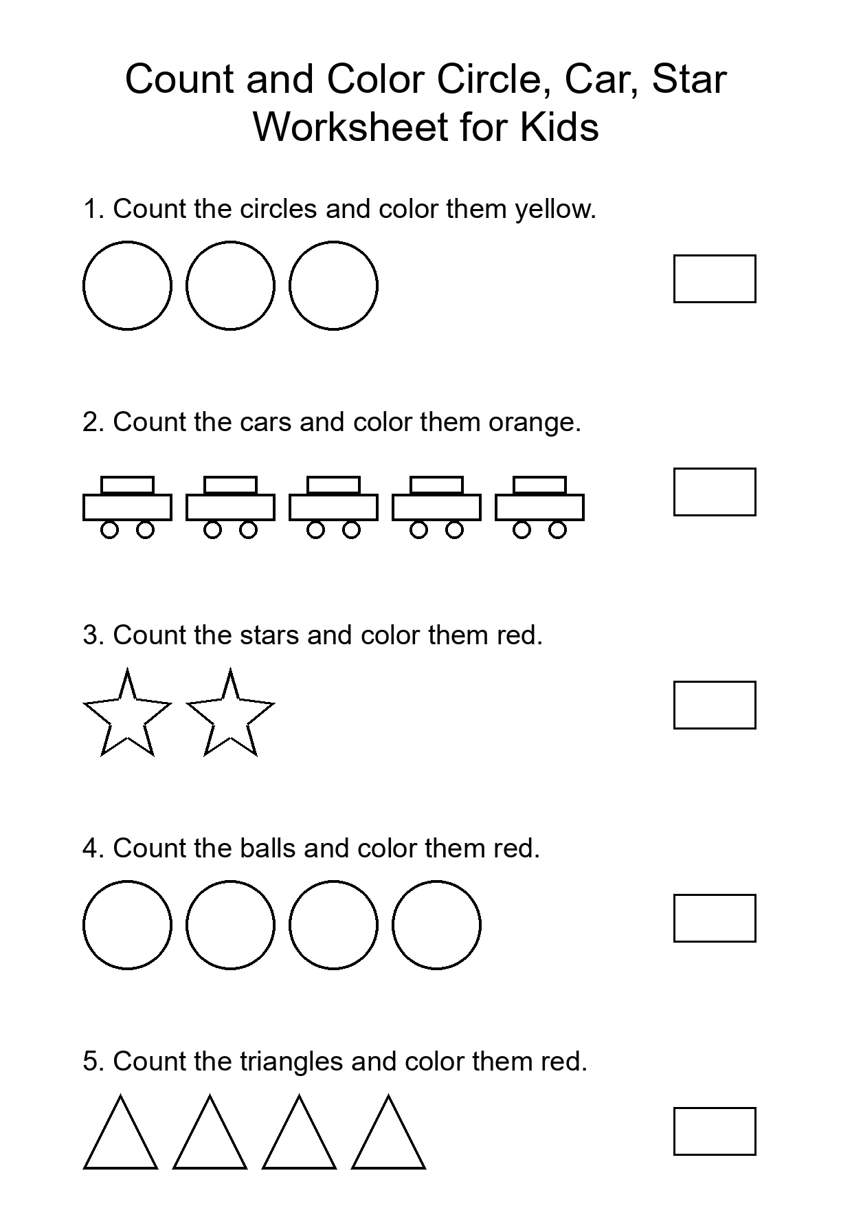 Count and Color Circle, Car, Star Worksheet for Kids