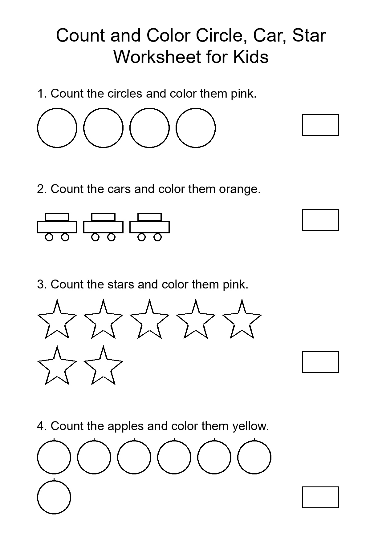 Count and Color Circle, Car, Star Worksheet for Kids