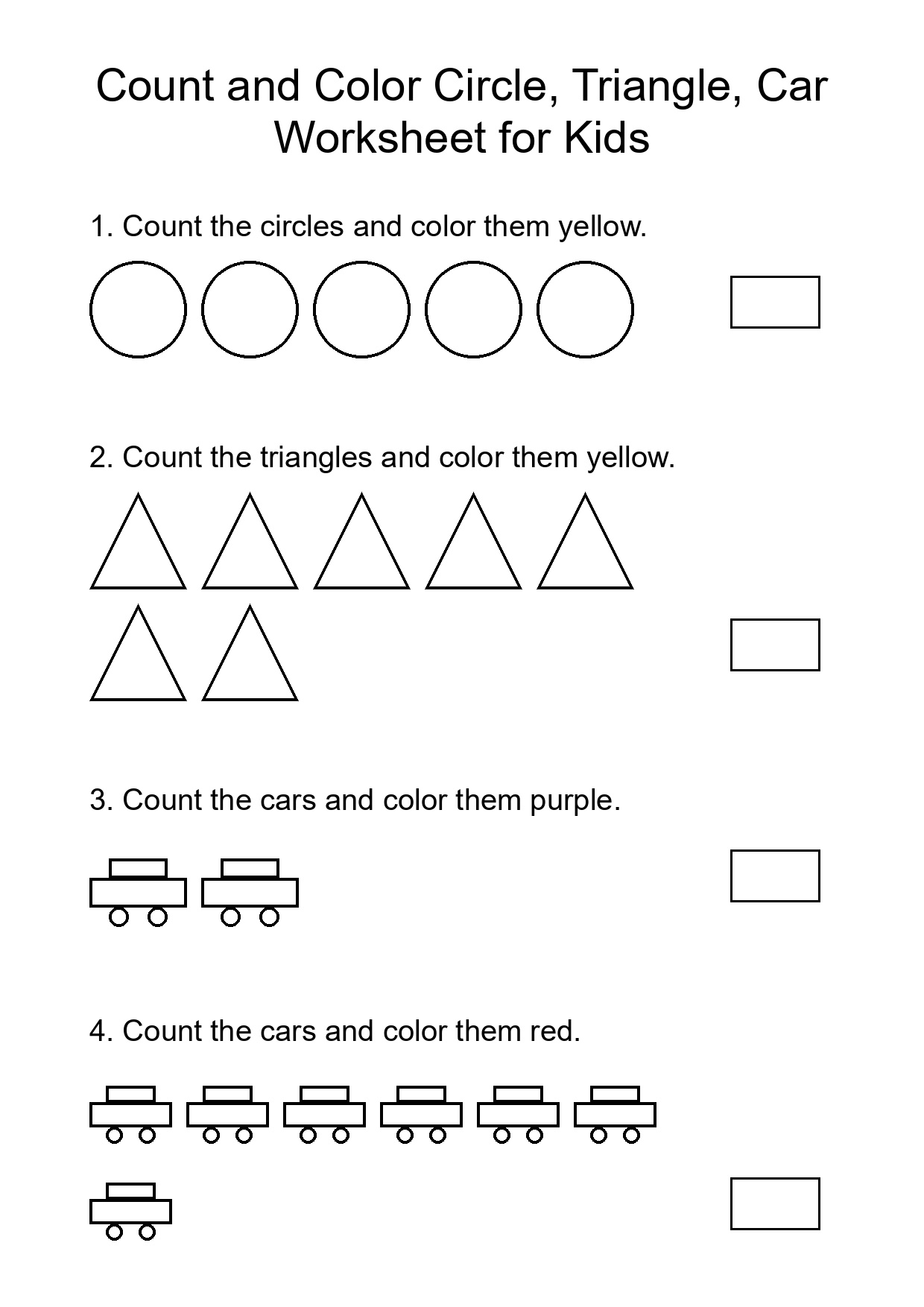 Count and Color Circle, Triangle, Car Worksheet for Kids