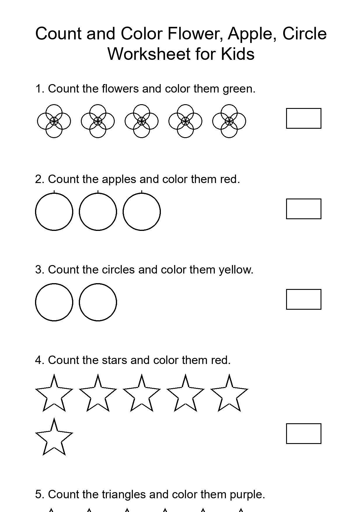Count and Color Flower, Apple, Circle Worksheet for Kids