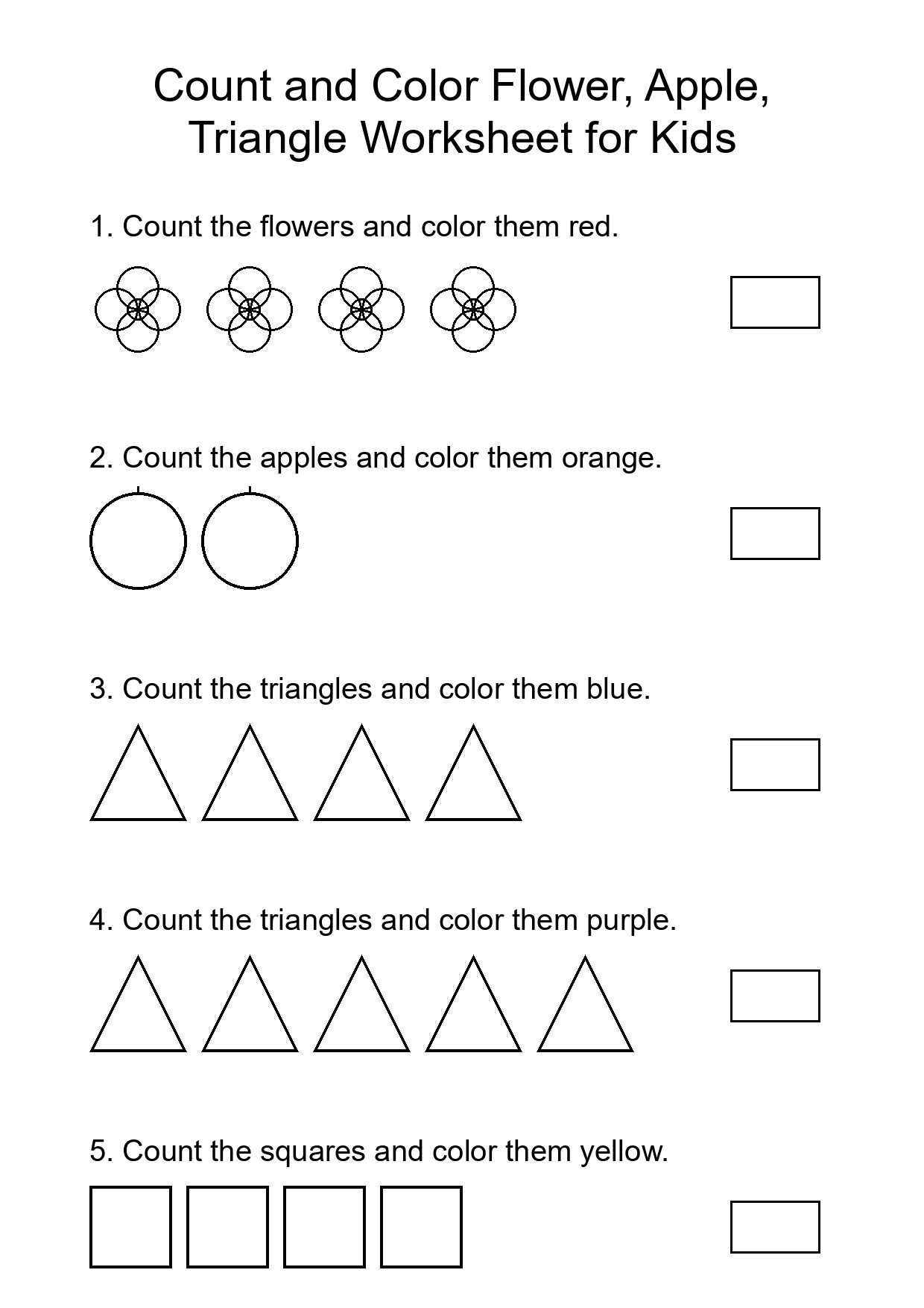 Count and Color Flower, Apple, Triangle Worksheet for Kids