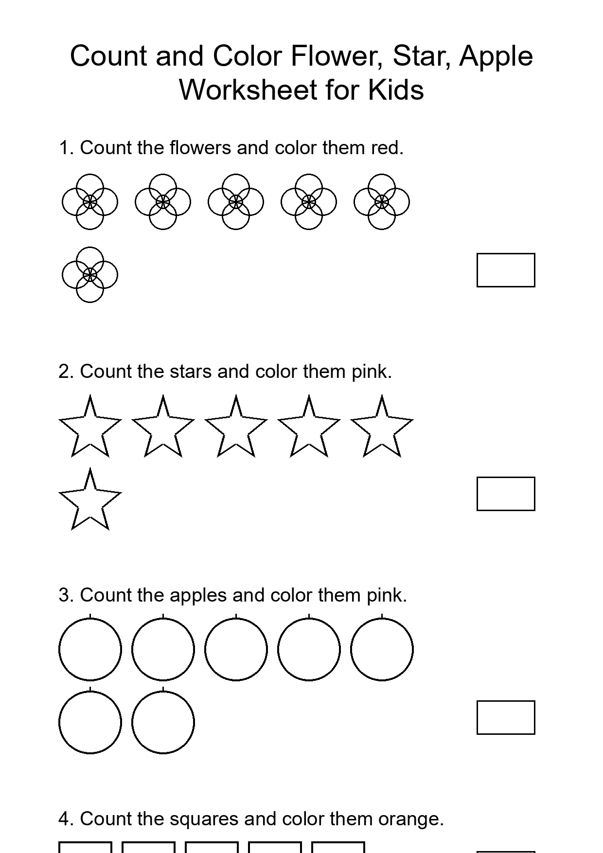 Count and Color Flower, Star, Apple Worksheet for Kids