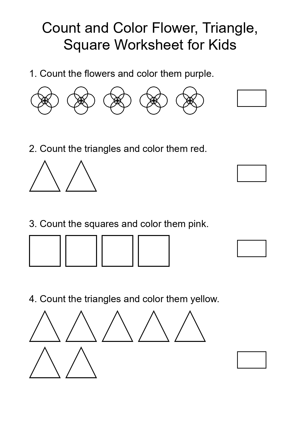 Count and Color Flower, Triangle, Square Worksheet for Kids