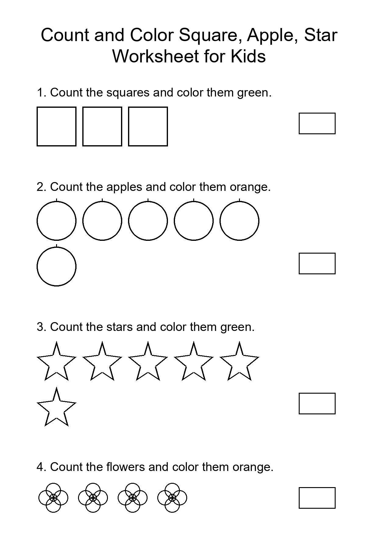 Count and Color Square, Apple, Star Worksheet for Kids