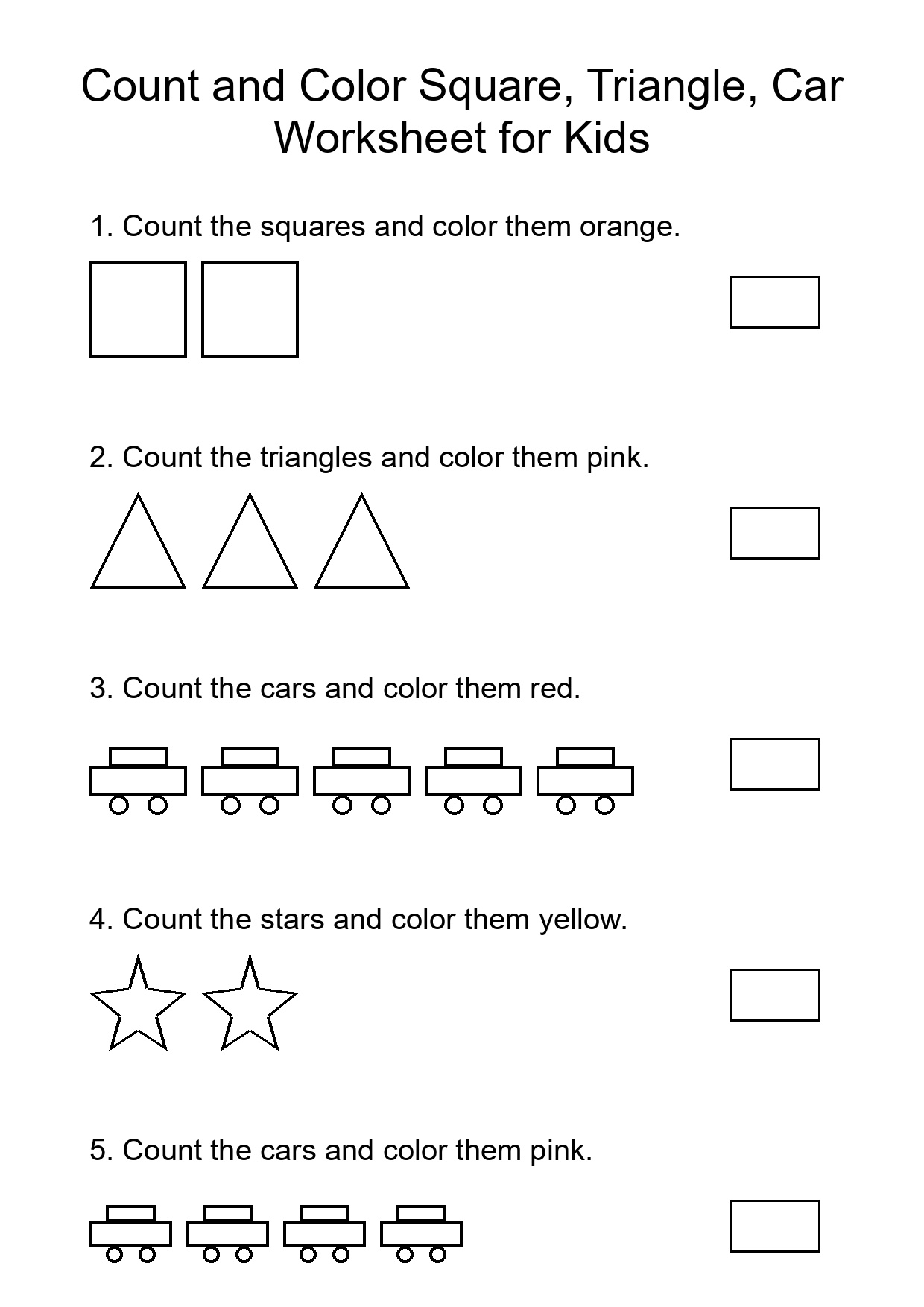 Count and Color Square, Triangle, Car Worksheet for Kids