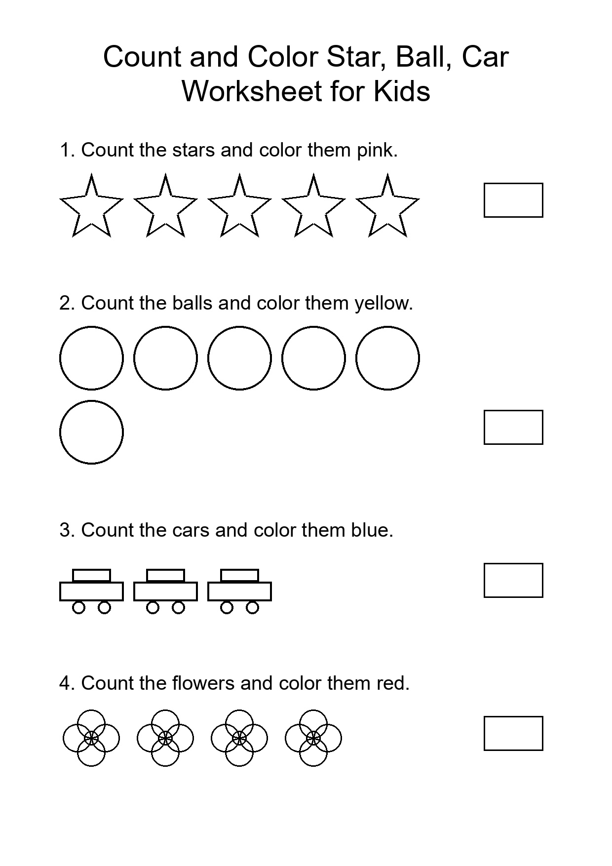 Count and Color Star, Ball, Car Worksheet for Kids