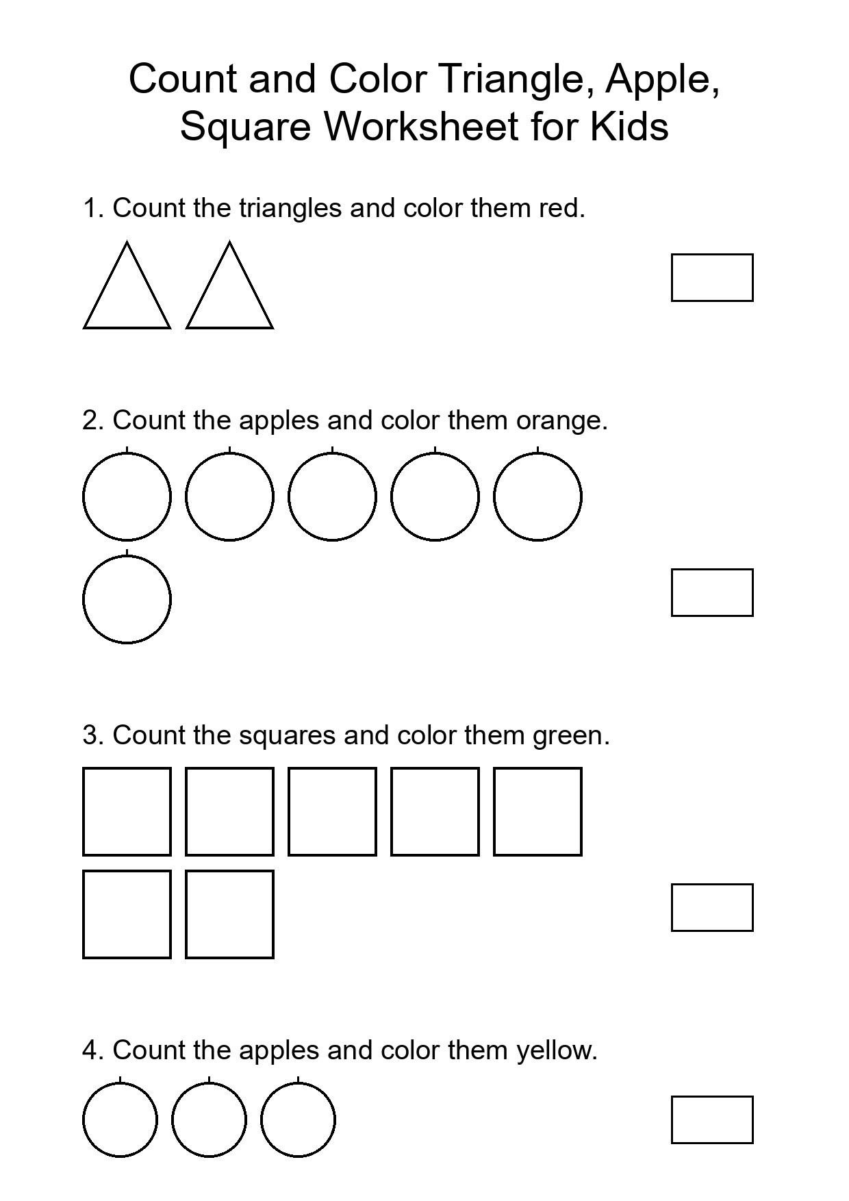 Count and Color Triangle, Apple, Square Worksheet for Kids