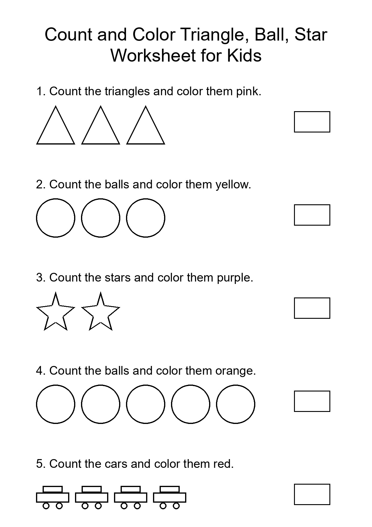 Count and Color Triangle, Ball, Star Worksheet for Kids