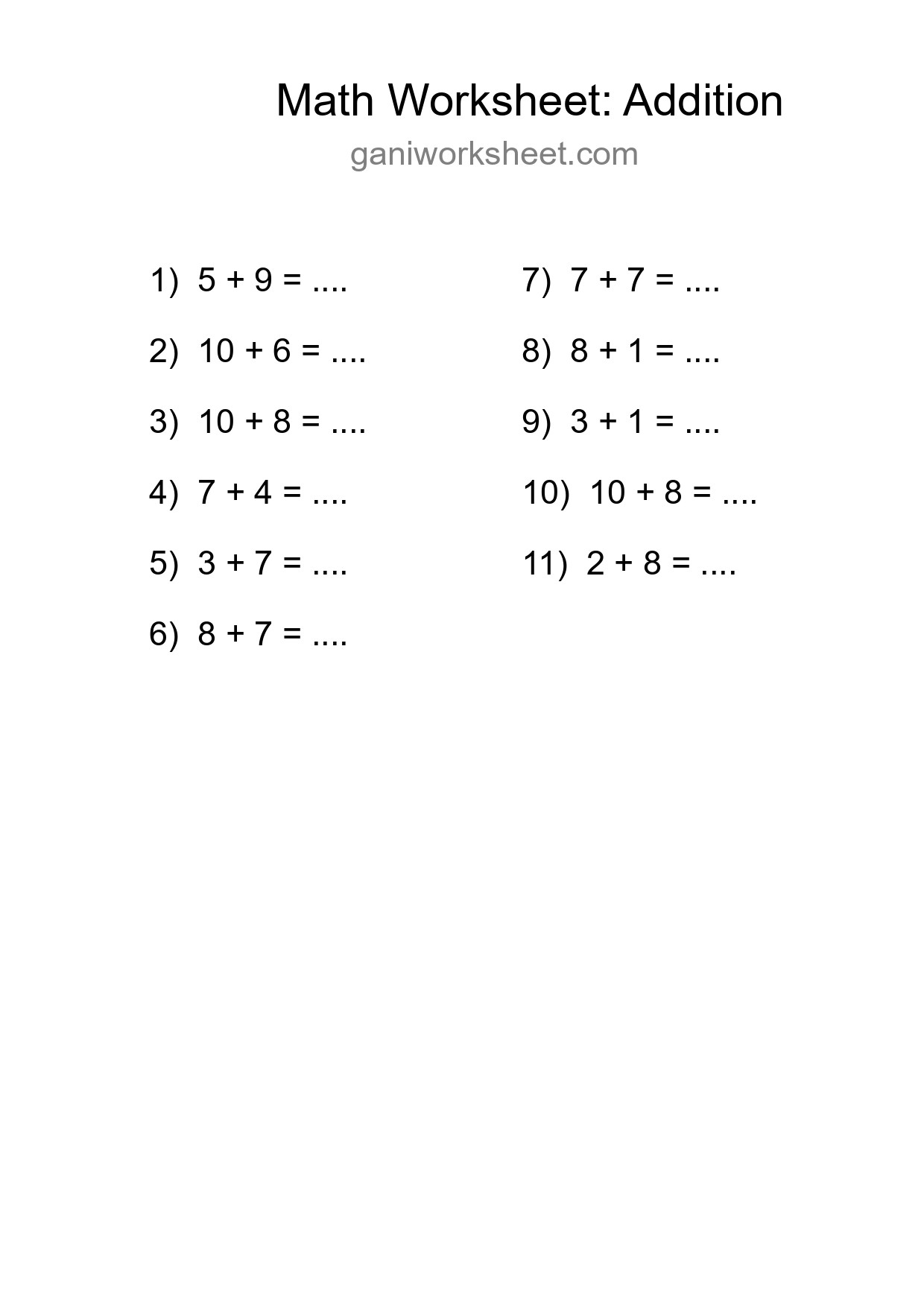 Free 11 Addition Math Worksheet For Grade 1 - Part 81