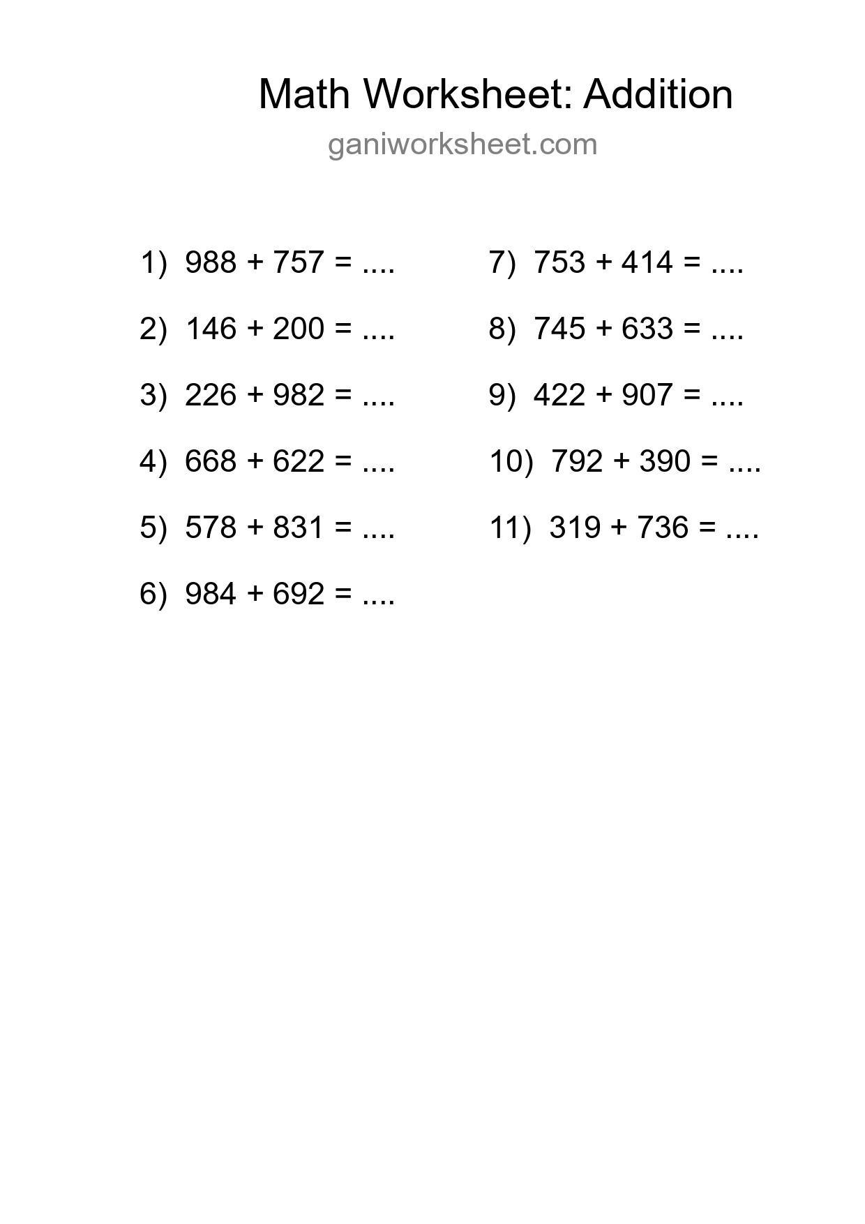 Free 11 Addition Math Worksheet For Grade 5 - Part 1121