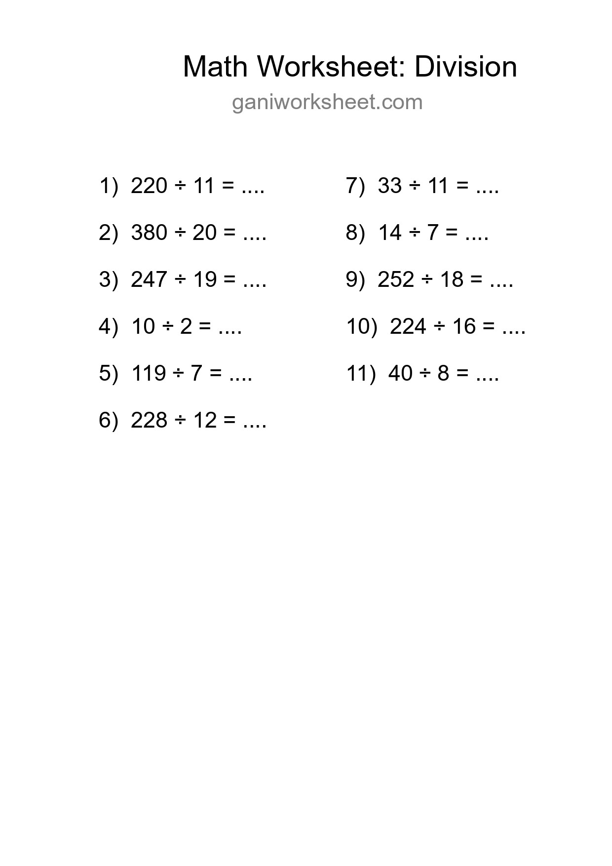 Free 11 Division Math Worksheet For Grade 2 With Answers - Part 1034