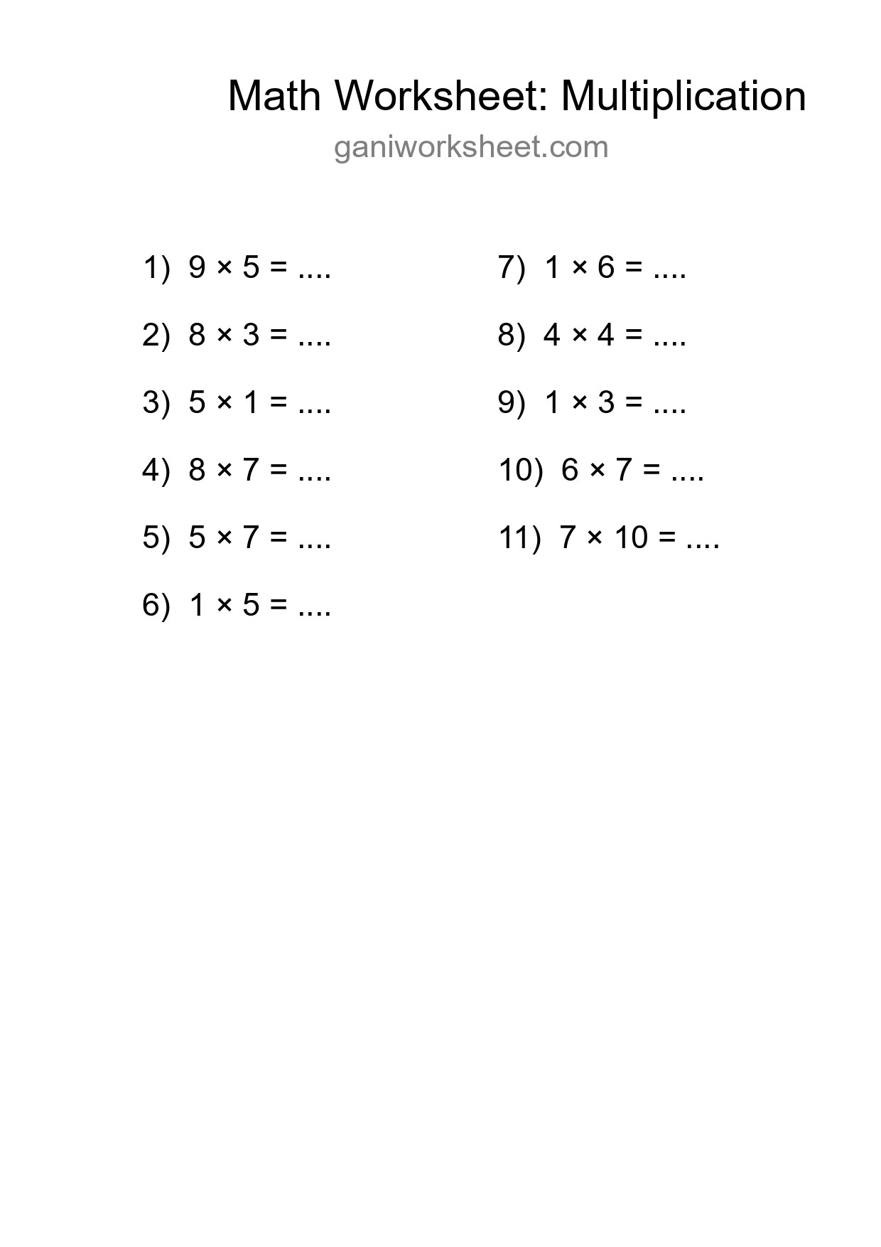 Free 11 Multiplication Math Worksheet For Grade 1 With Answers - Part 1377