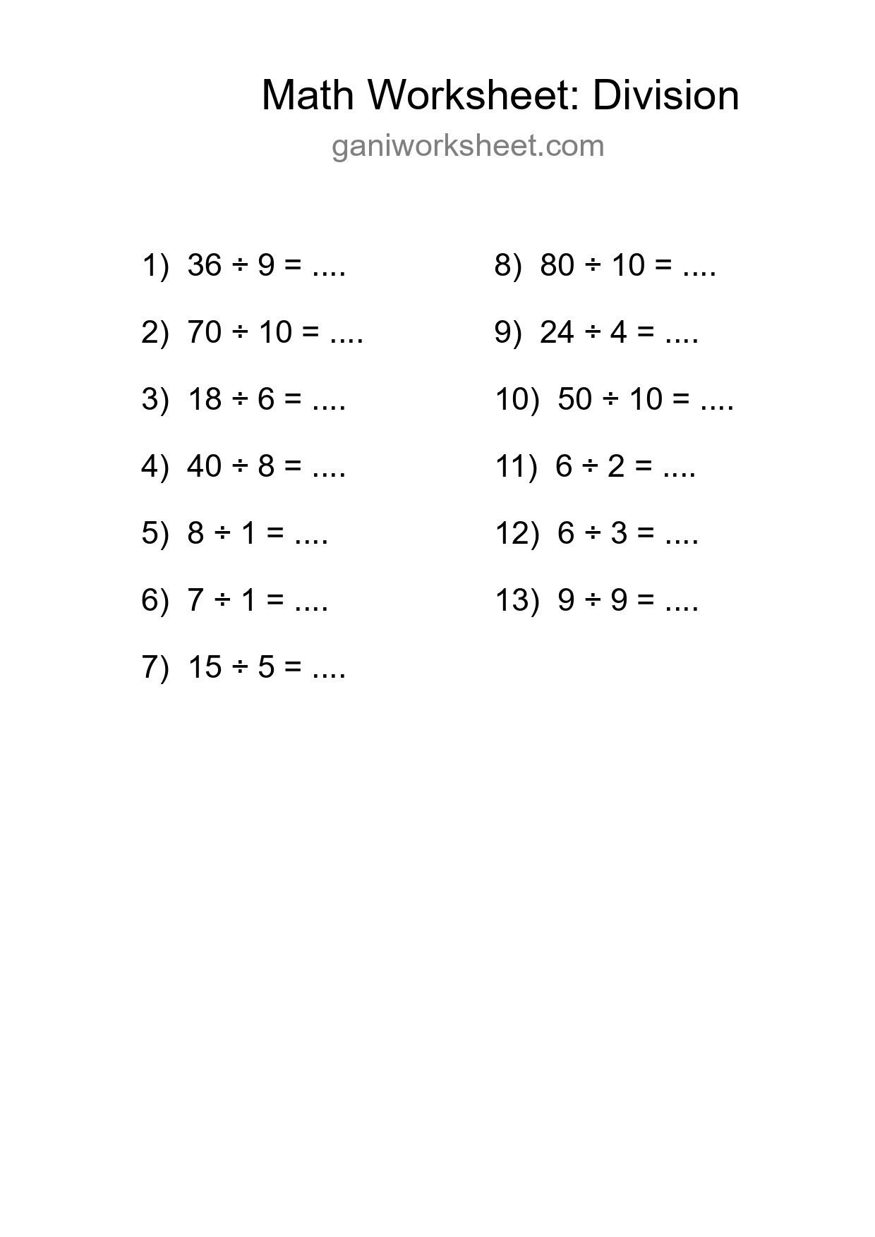 Free 13 Division Math Worksheet For Grade 1 With Answers - Part 1414