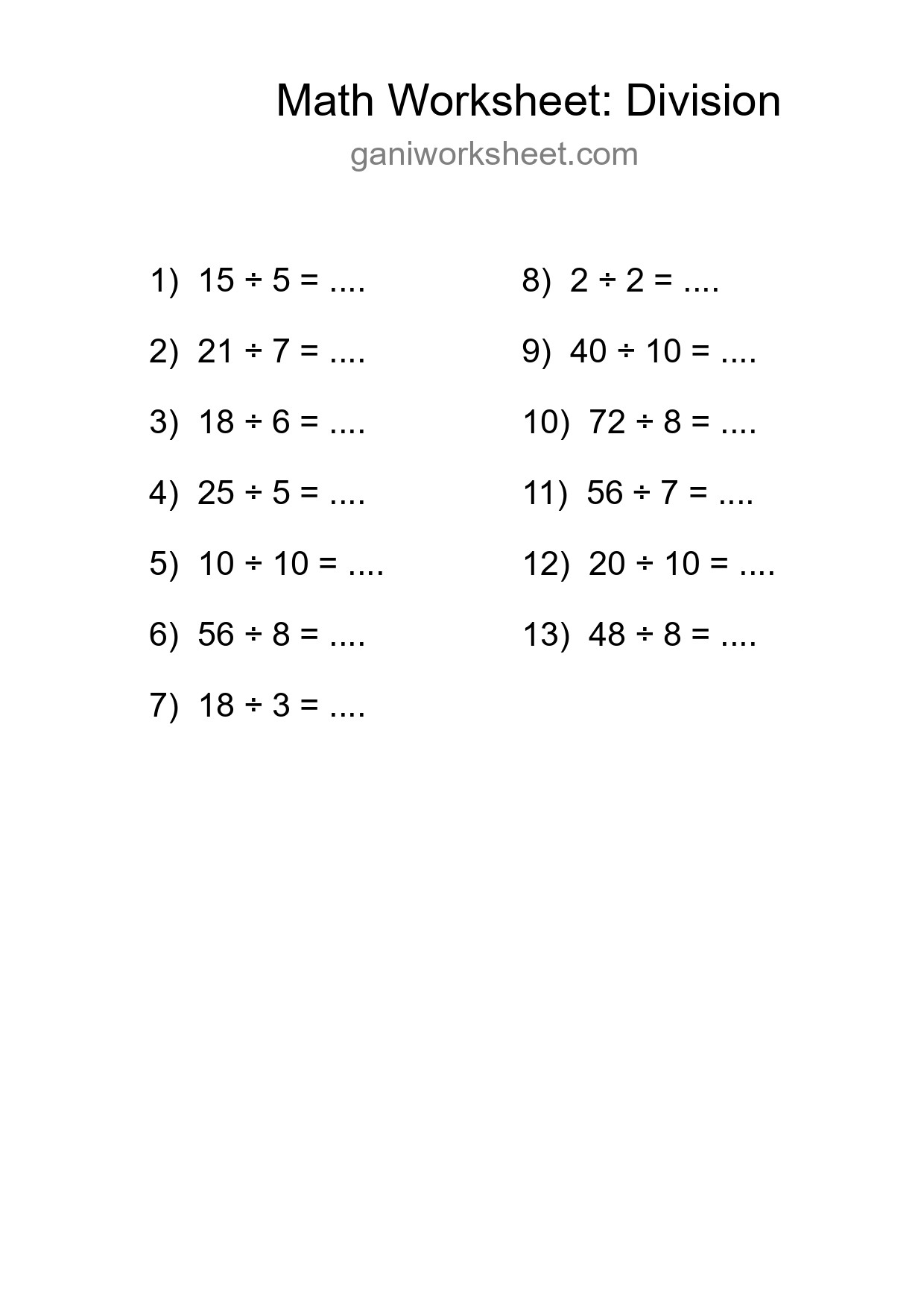 Free 13 Division Math Worksheet For Grade 1 With Answers - Part 294