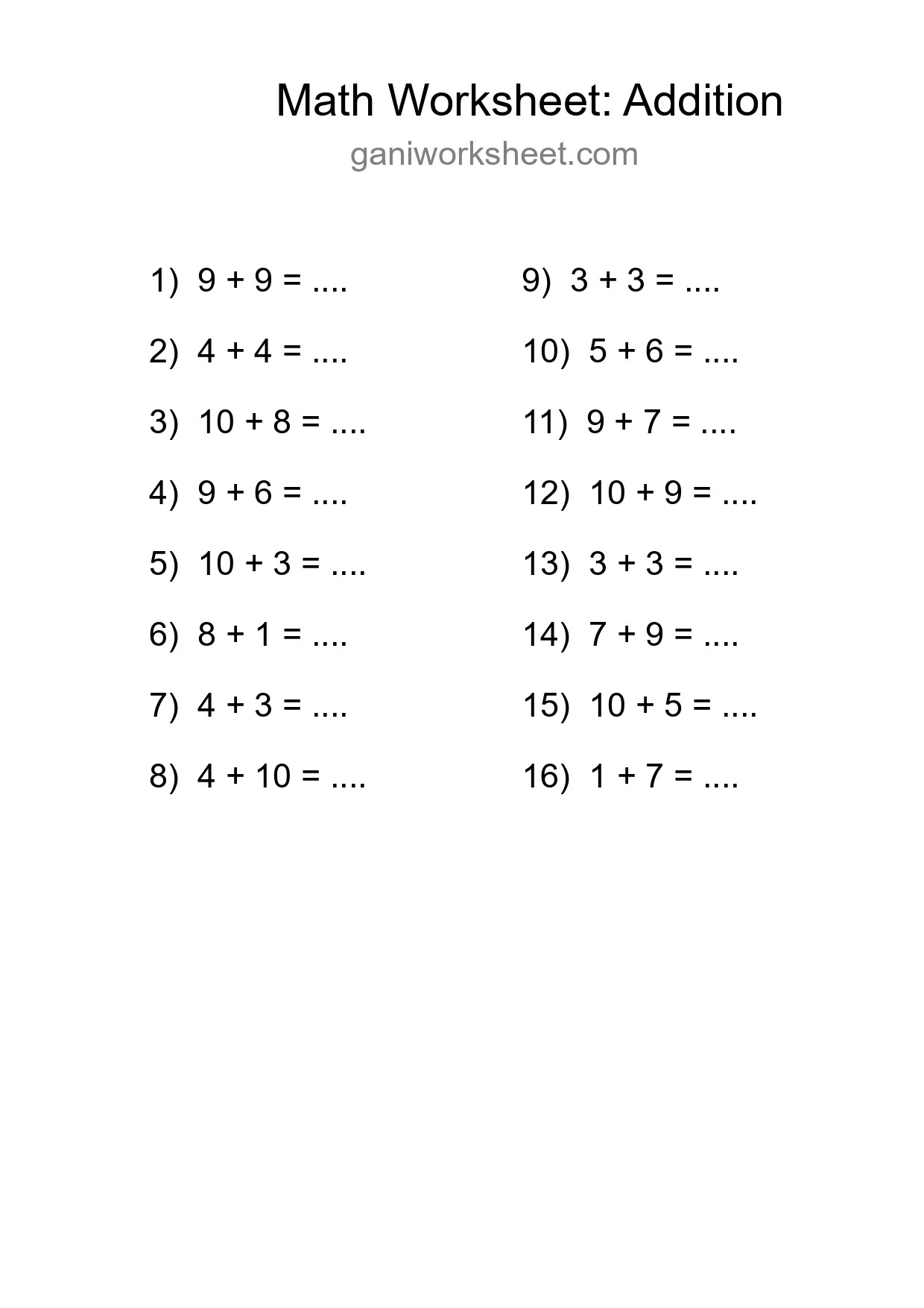 Free 16 Addition Math Worksheet For Grade 1 - Part 1191