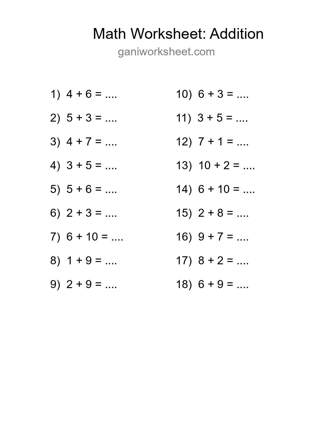 Free 18 Addition Math Worksheet For Grade 1 With Answers - Part 1521