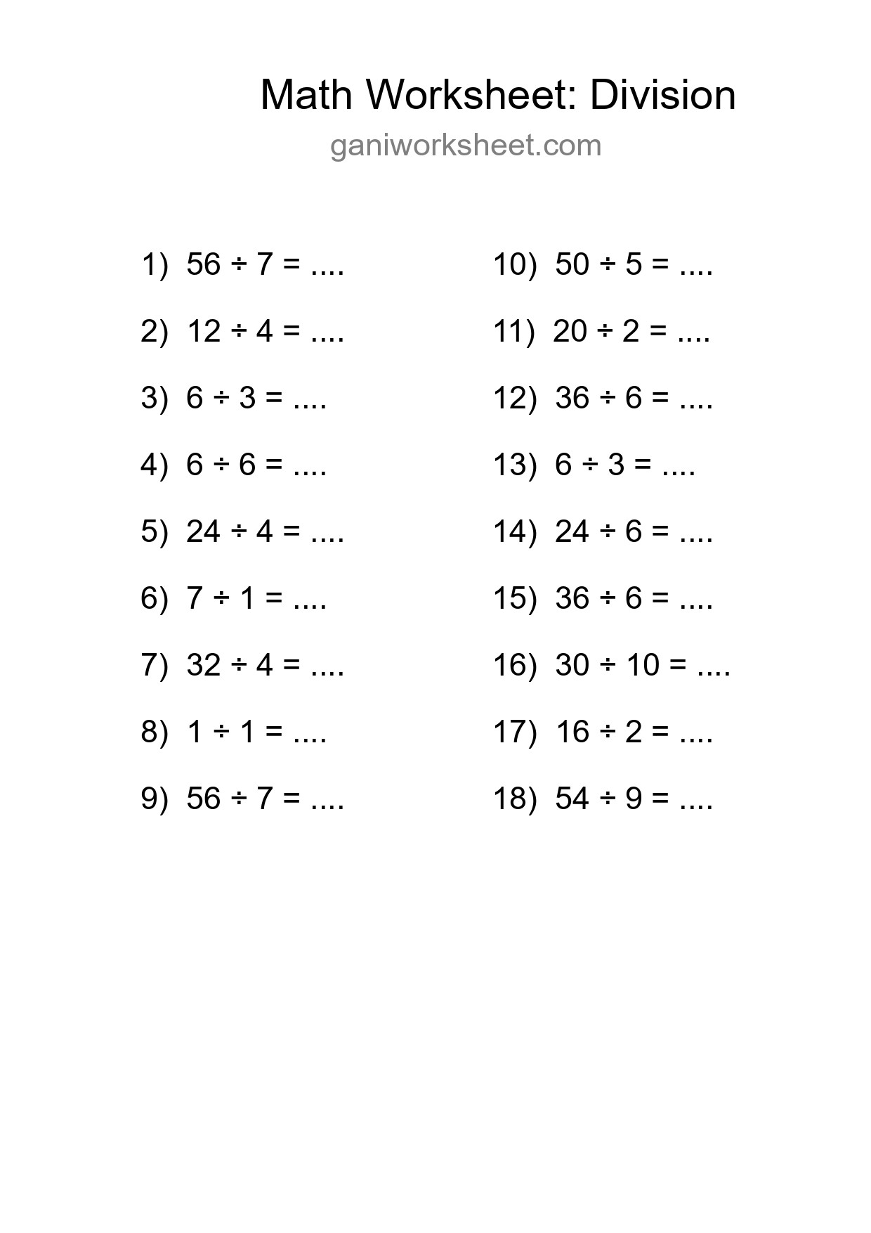 Free 18 Division Math Worksheet For Grade 1 With Answers - Part 1394