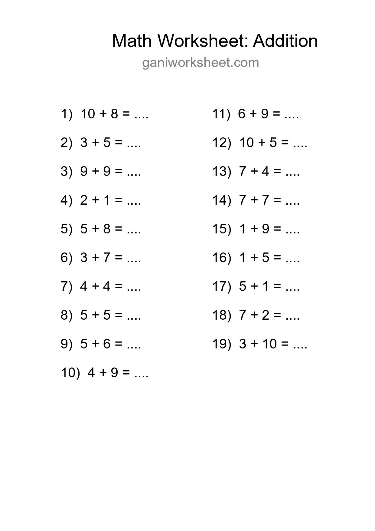 Free 19 Addition Math Worksheet For Grade 1 With Answers - Part 1321